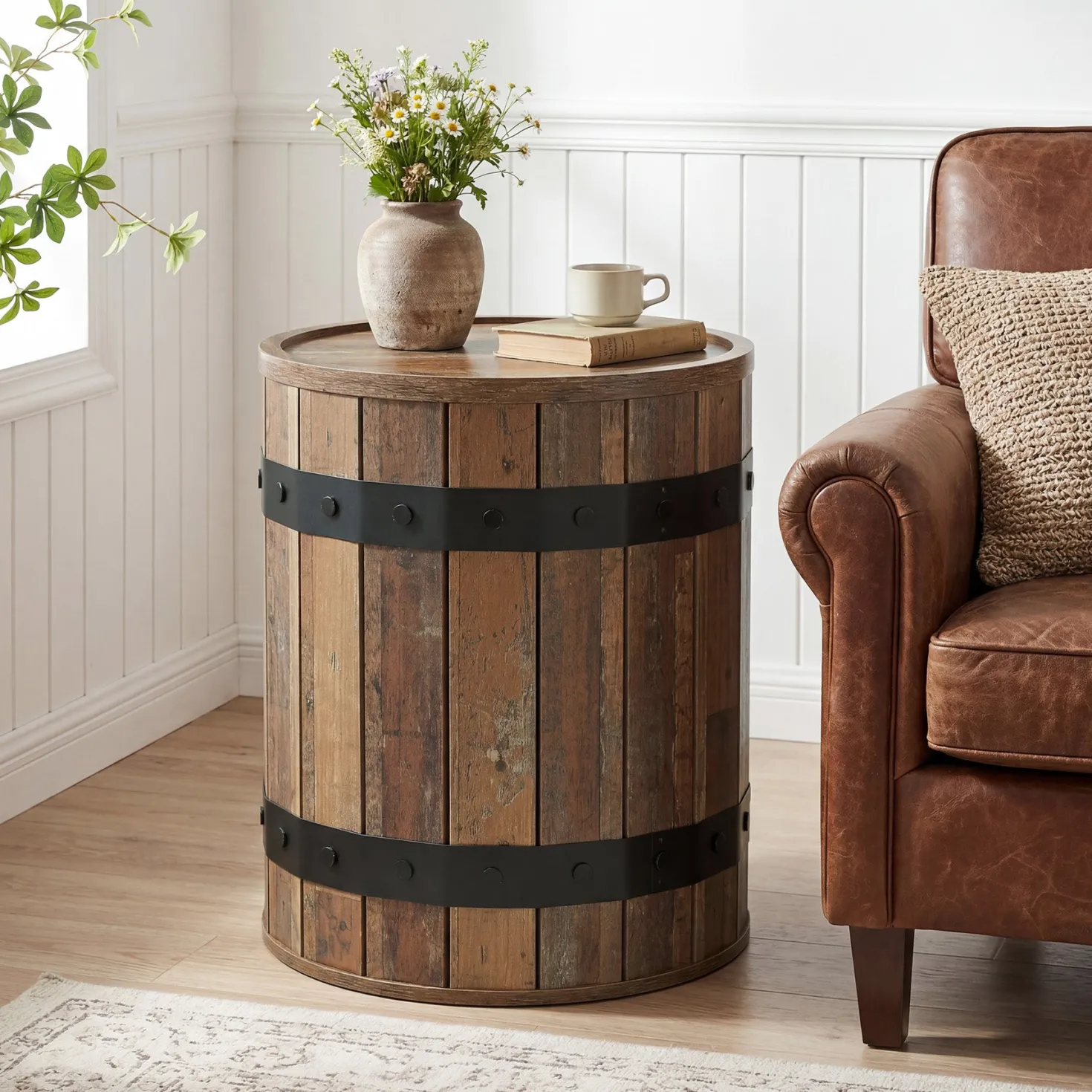19.68" Barrel Side Table with Hidden Storage, Round Wood End Table with Lid for Living Room and Bedroom