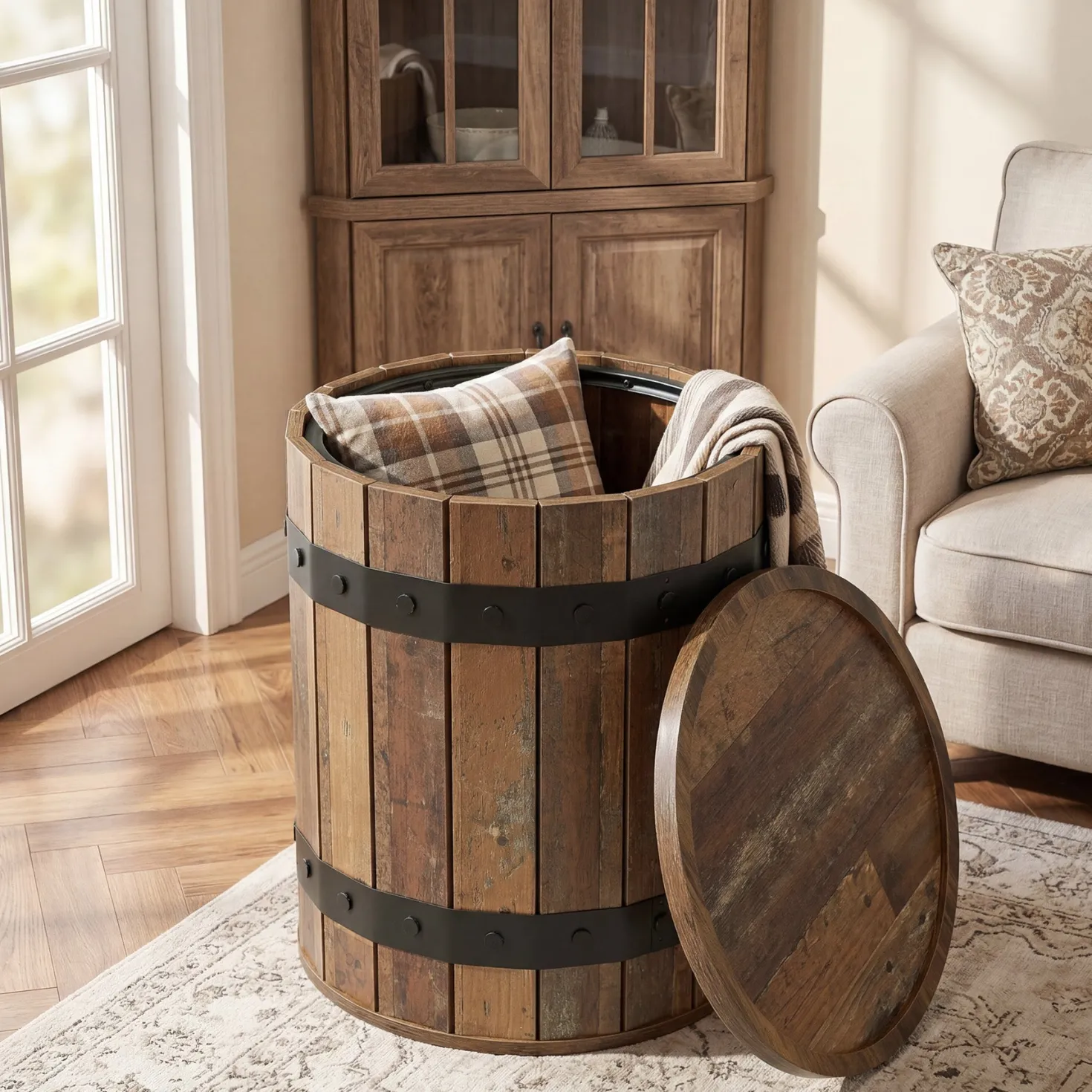 19.68" Barrel Side Table with Hidden Storage, Round Wood End Table with Lid for Living Room and Bedroom
