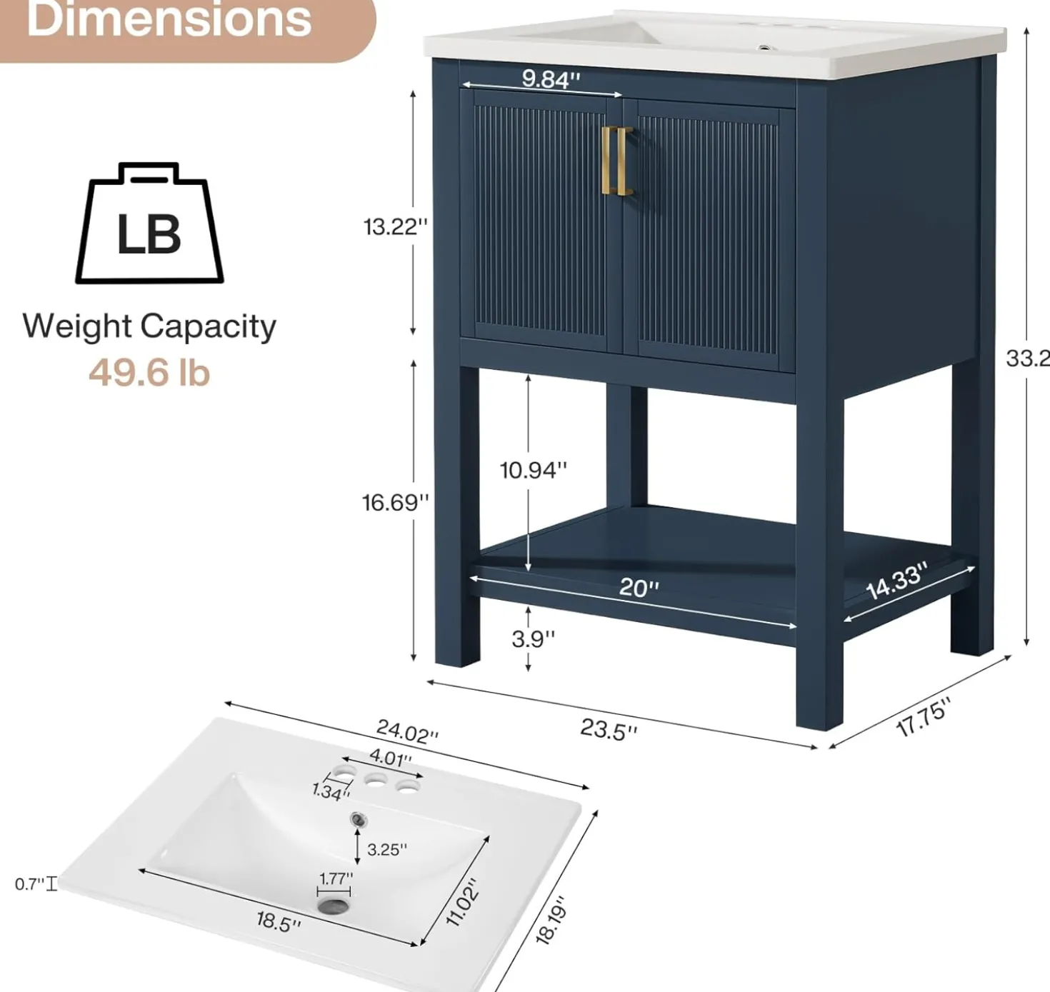 24" Bathroom Vanity, Modern Bathroom Sink Cabinet with Ceramic Basin and 2 Doors
