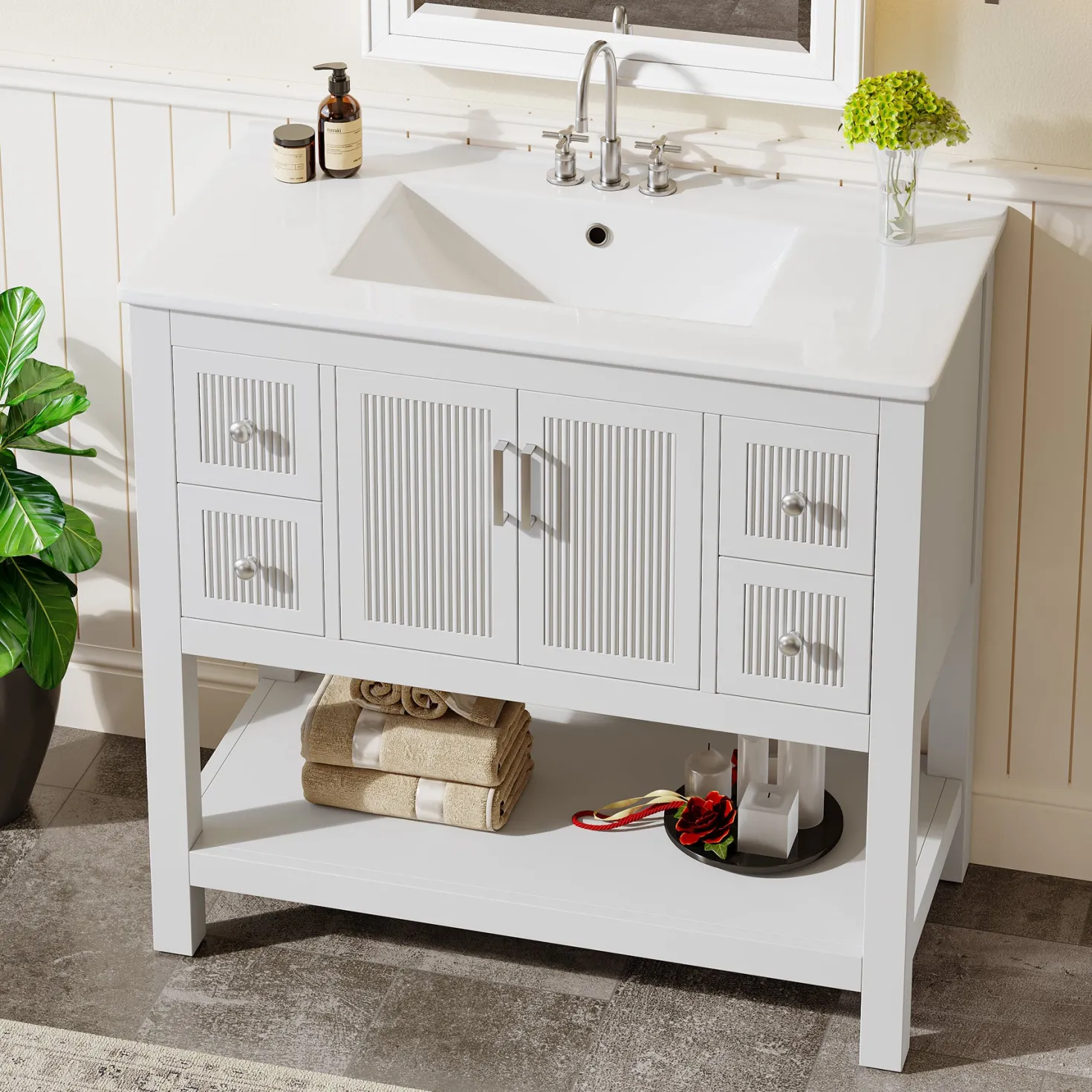 24" Bathroom Vanity, Modern Bathroom Sink Cabinet with Ceramic Basin and 2 Doors