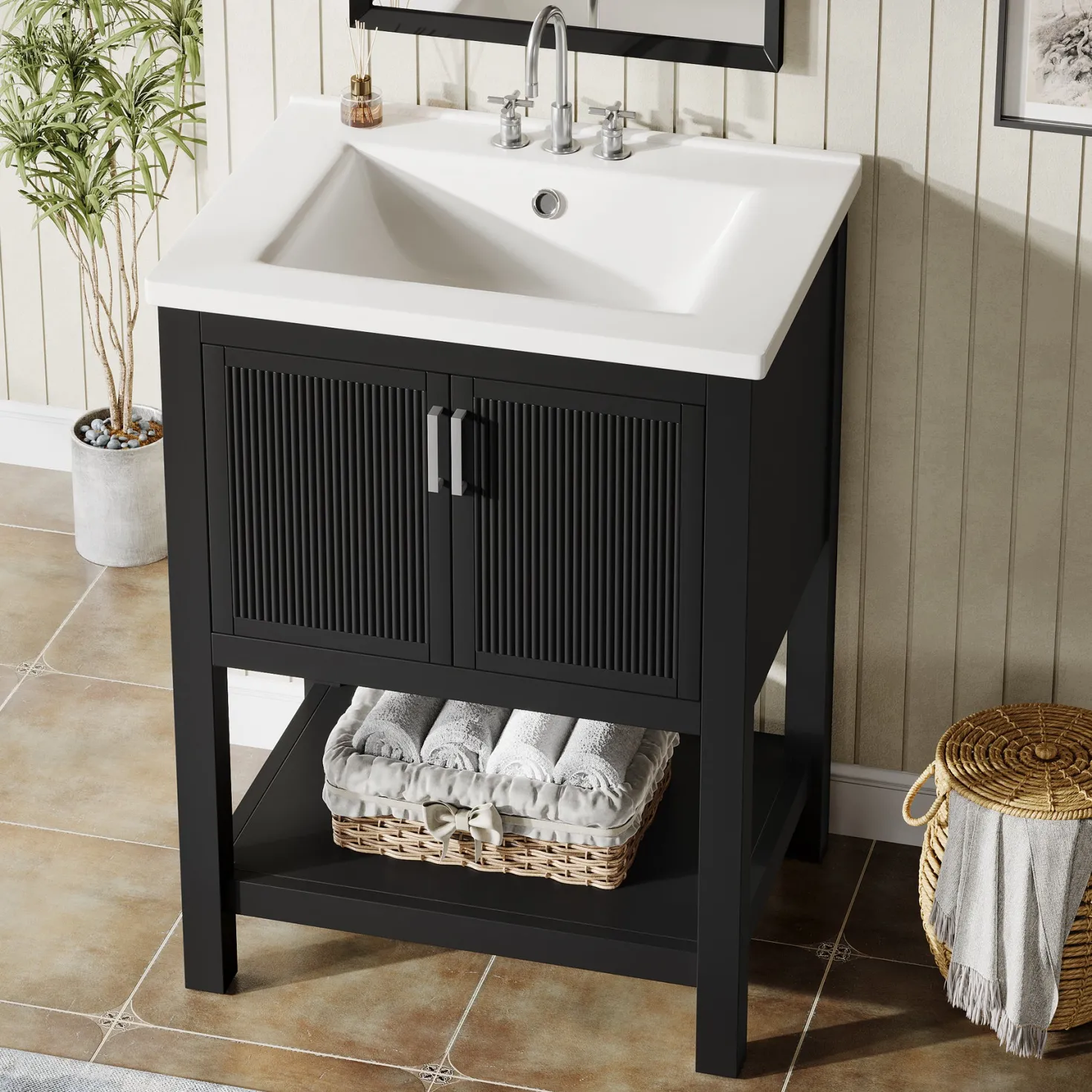 24" Bathroom Vanity, Modern Bathroom Sink Cabinet with Ceramic Basin and 2 Doors