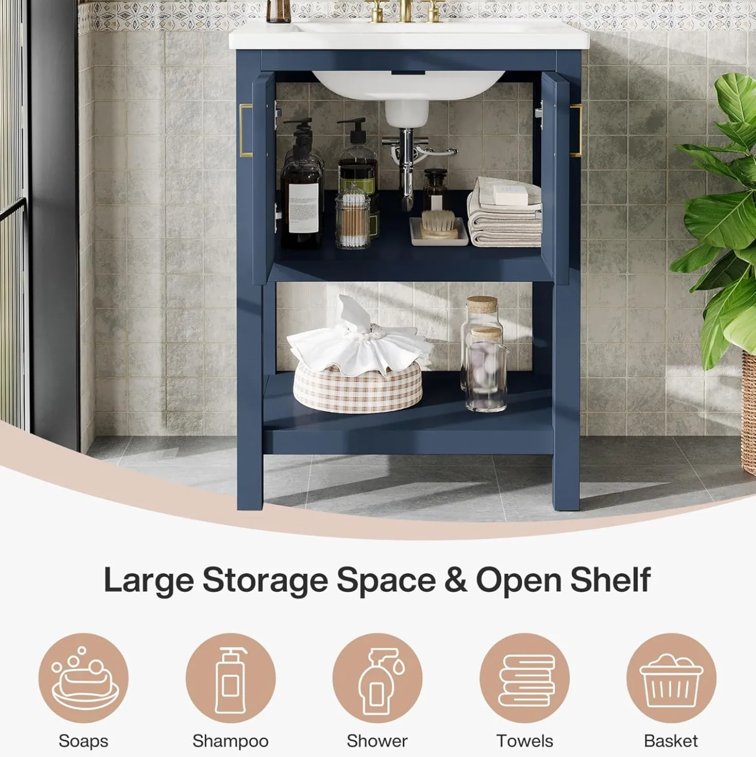 24" Bathroom Vanity, Modern Bathroom Sink Cabinet with Ceramic Basin and 2 Doors