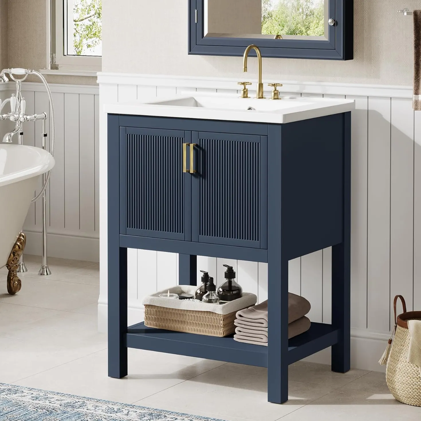 24" Bathroom Vanity, Modern Bathroom Sink Cabinet with Ceramic Basin and 2 Doors
