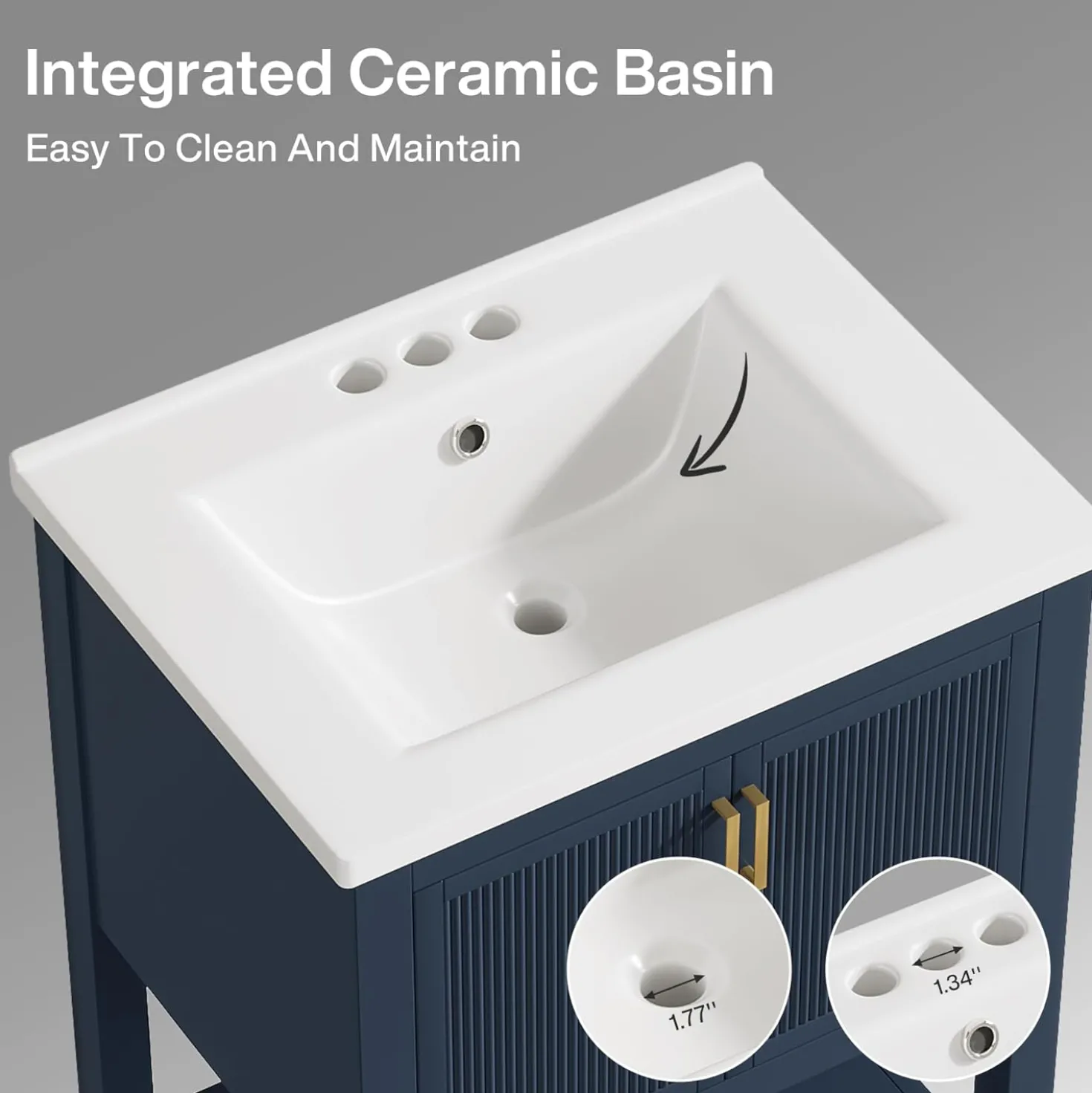 24" Bathroom Vanity, Modern Bathroom Sink Cabinet with Ceramic Basin and 2 Doors