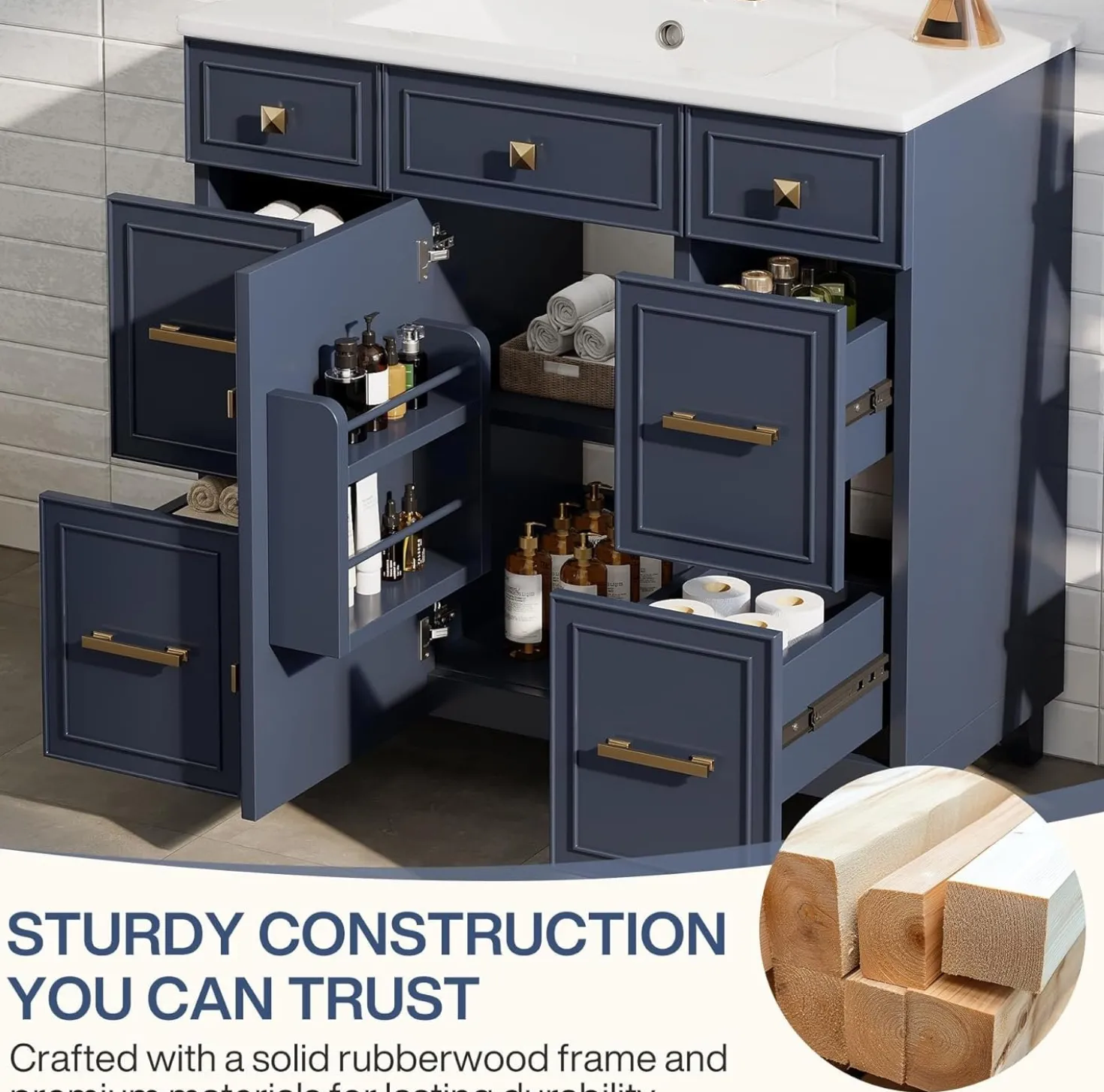 35" Bathroom Vanity with Sink, Modern Solid Wood Bathroom Cabinet with 4 Drawers
