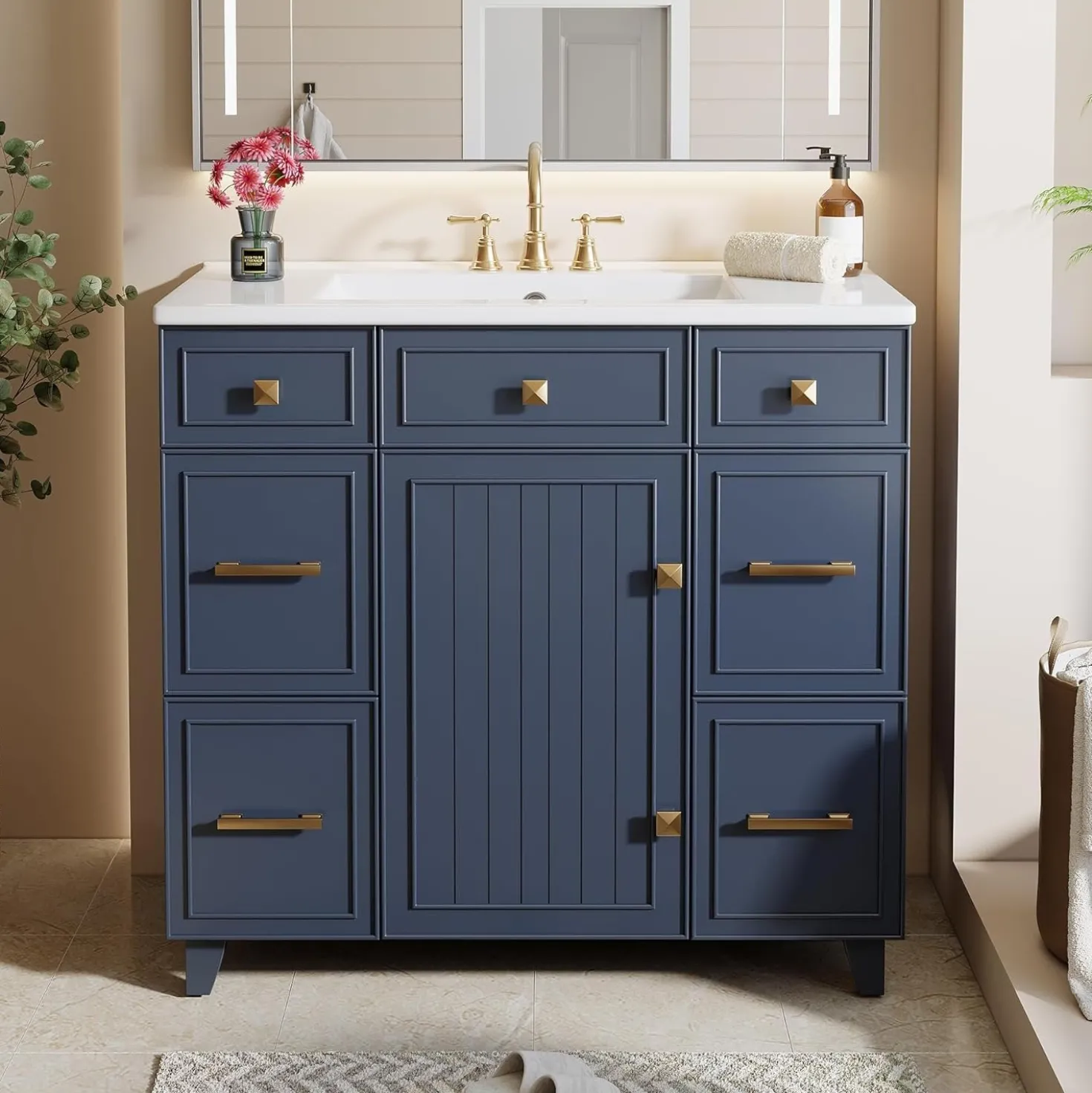 35" Bathroom Vanity with Sink, Modern Solid Wood Bathroom Cabinet with 4 Drawers