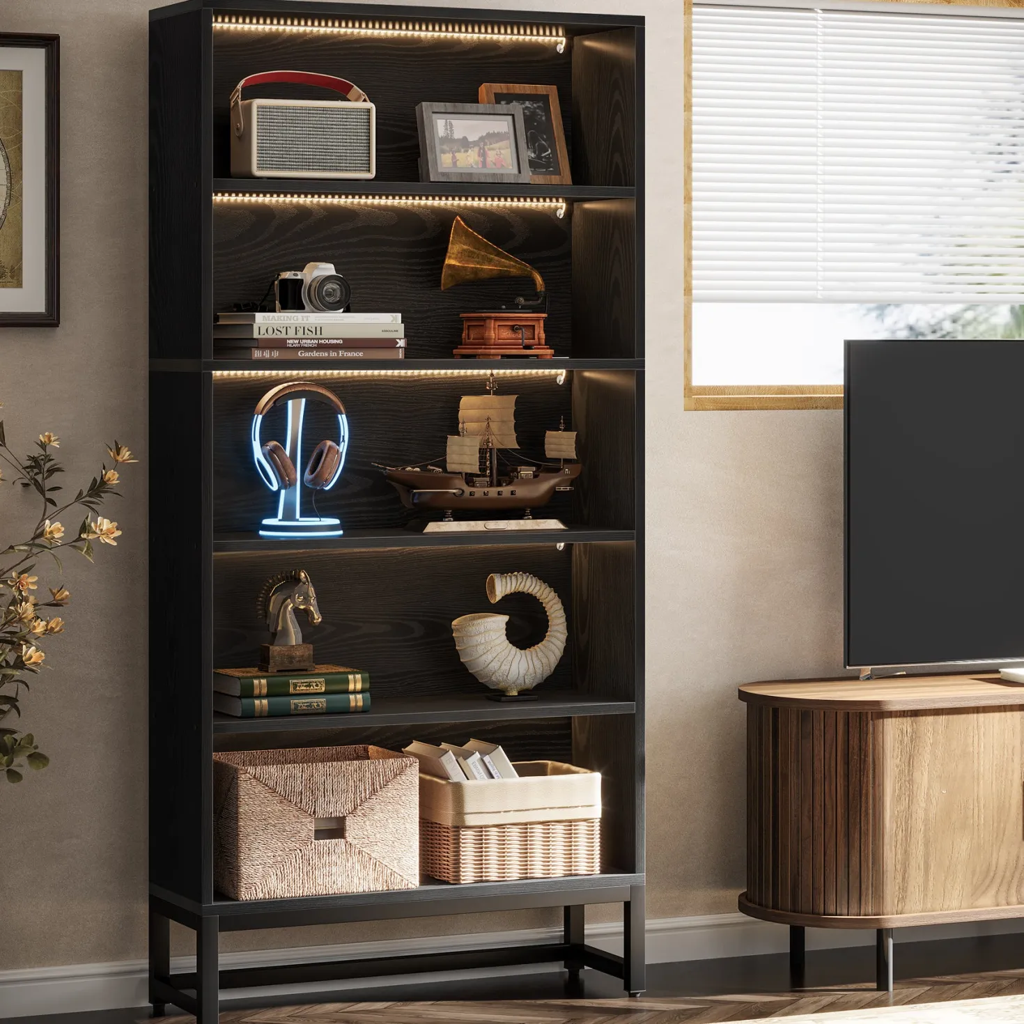 70.8" Bookcase, Large Bookshelf Organizer with 5-Tier Storage Shelves