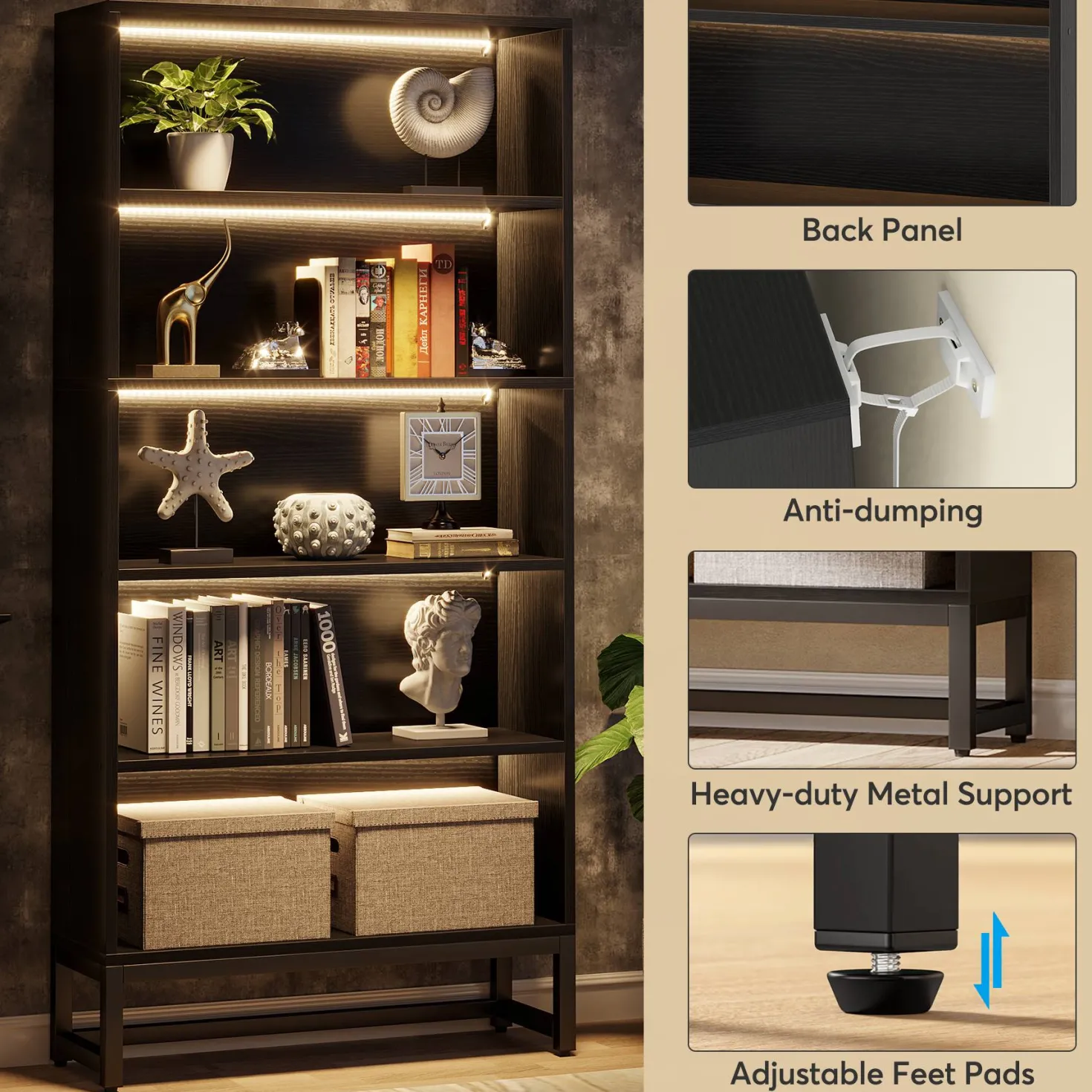 70.8" Bookcase, Large Bookshelf Organizer with 5-Tier Storage Shelves