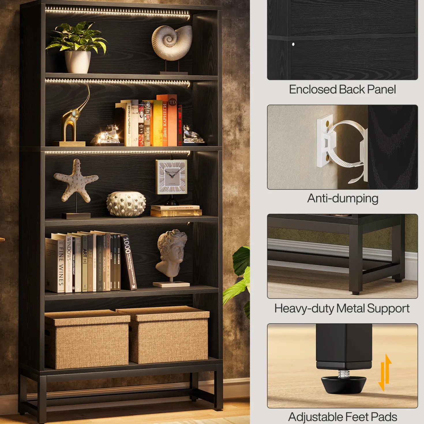 70.8" Bookcase, Large Bookshelf Organizer with 5-Tier Storage Shelves