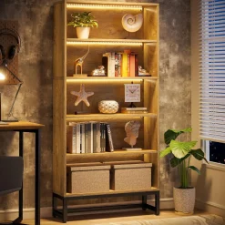 70.4" Bookshelf, FreeStanding Bookcases Display Organizer with LED Light