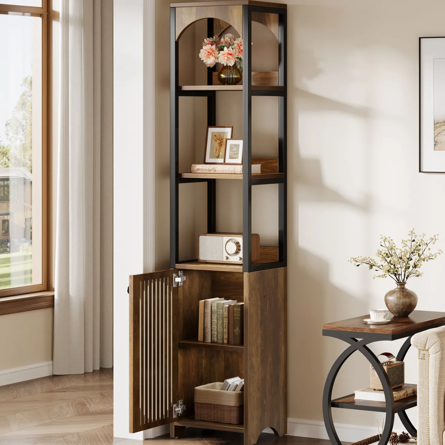 71.6" Bookshelf with Cabinet, Narrow Bookcase with Open Storage Shelves