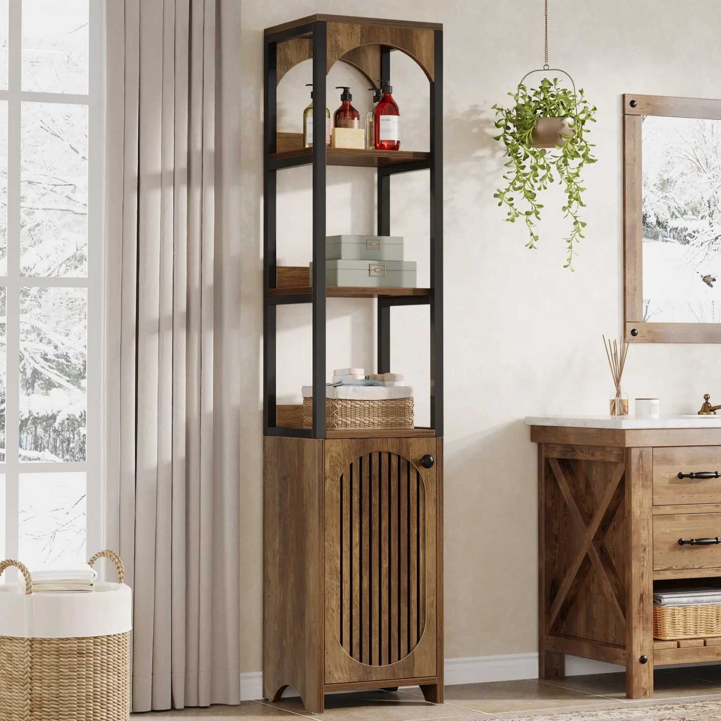 71.6" Bookshelf with Cabinet, Narrow Bookcase with Open Storage Shelves