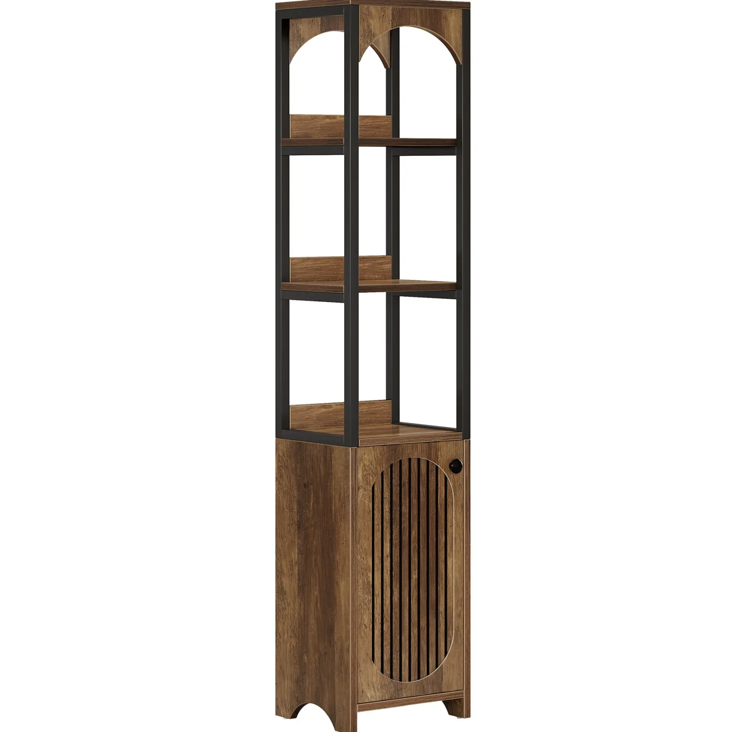 71.6" Bookshelf with Cabinet, Narrow Bookcase with Open Storage Shelves