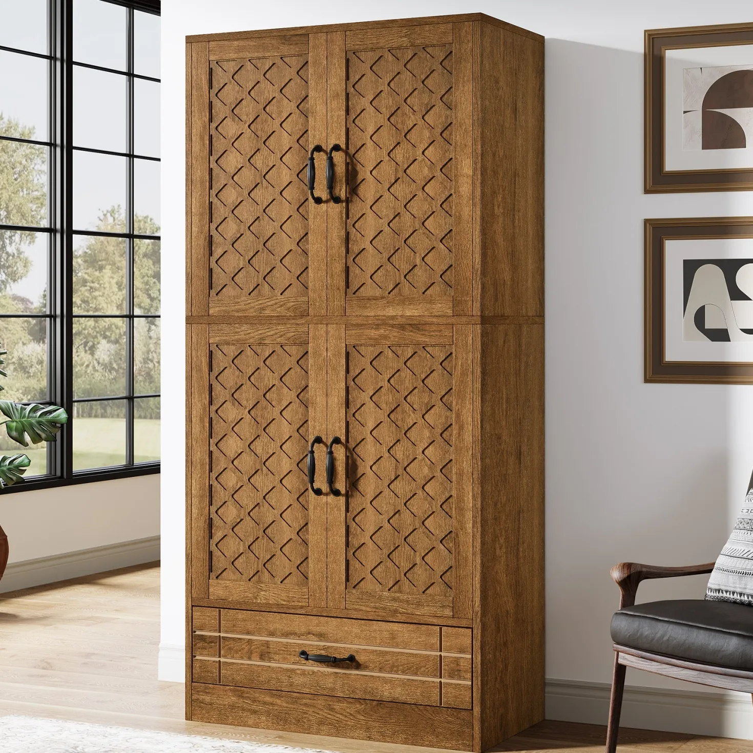 70" Bookshelf with Door, Freestanding Bookcase Cabinet with Storage Drawer