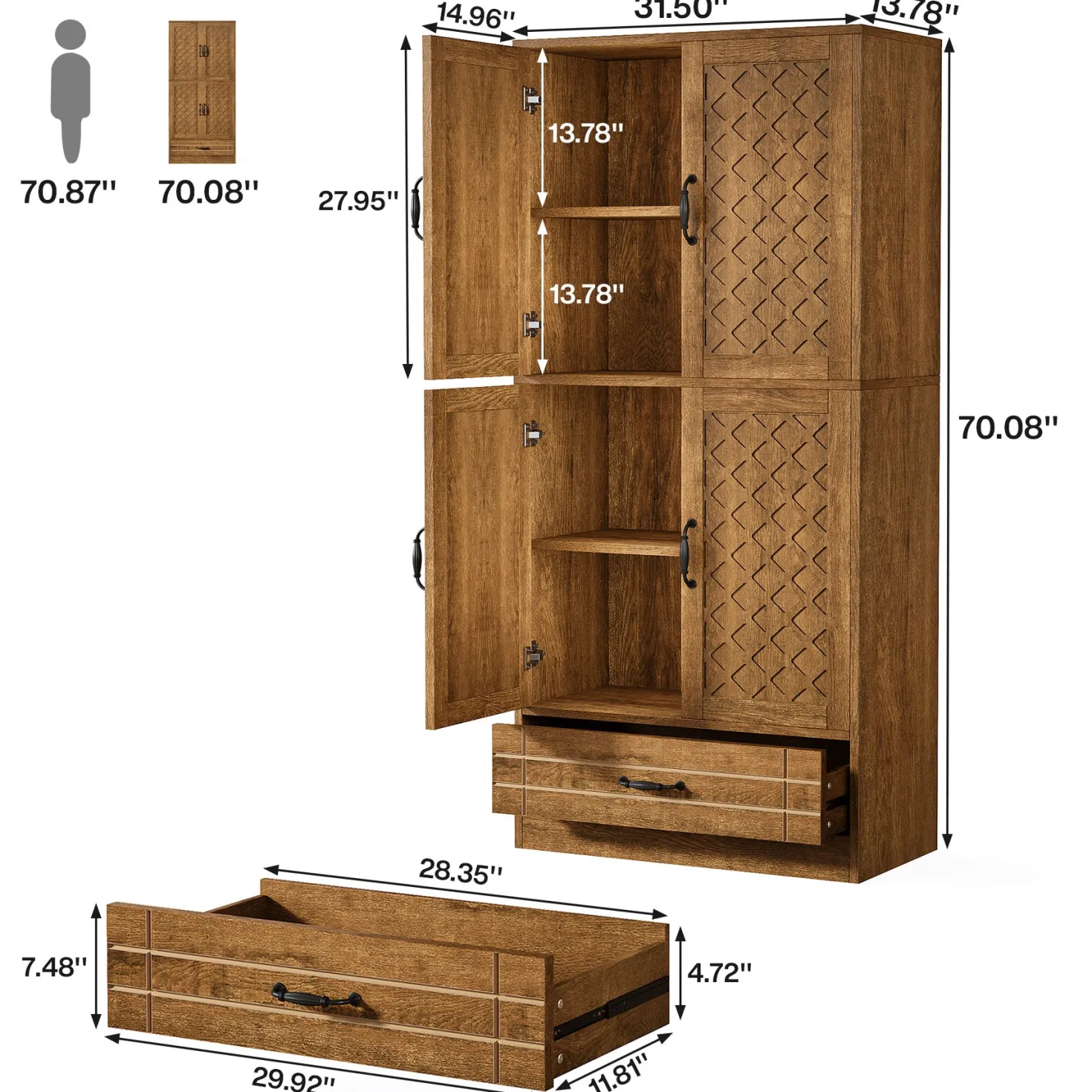 70" Bookshelf with Door, Freestanding Bookcase Cabinet with Storage Drawer