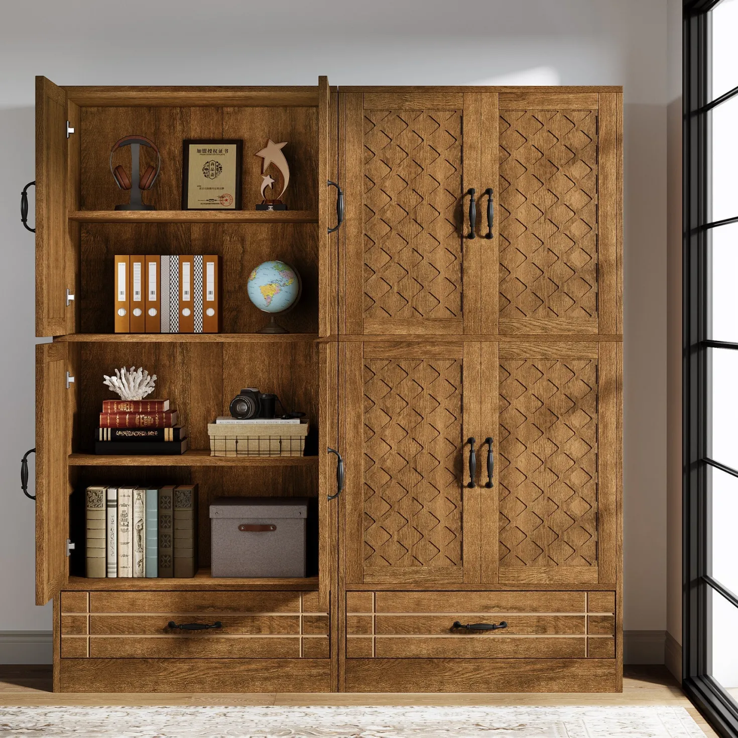 70" Bookshelf with Door, Freestanding Bookcase Cabinet with Storage Drawer