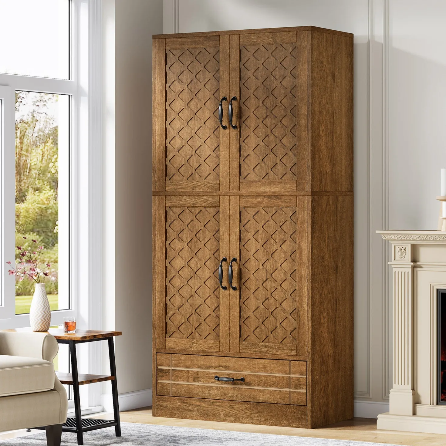 70" Bookshelf with Door, Freestanding Bookcase Cabinet with Storage Drawer