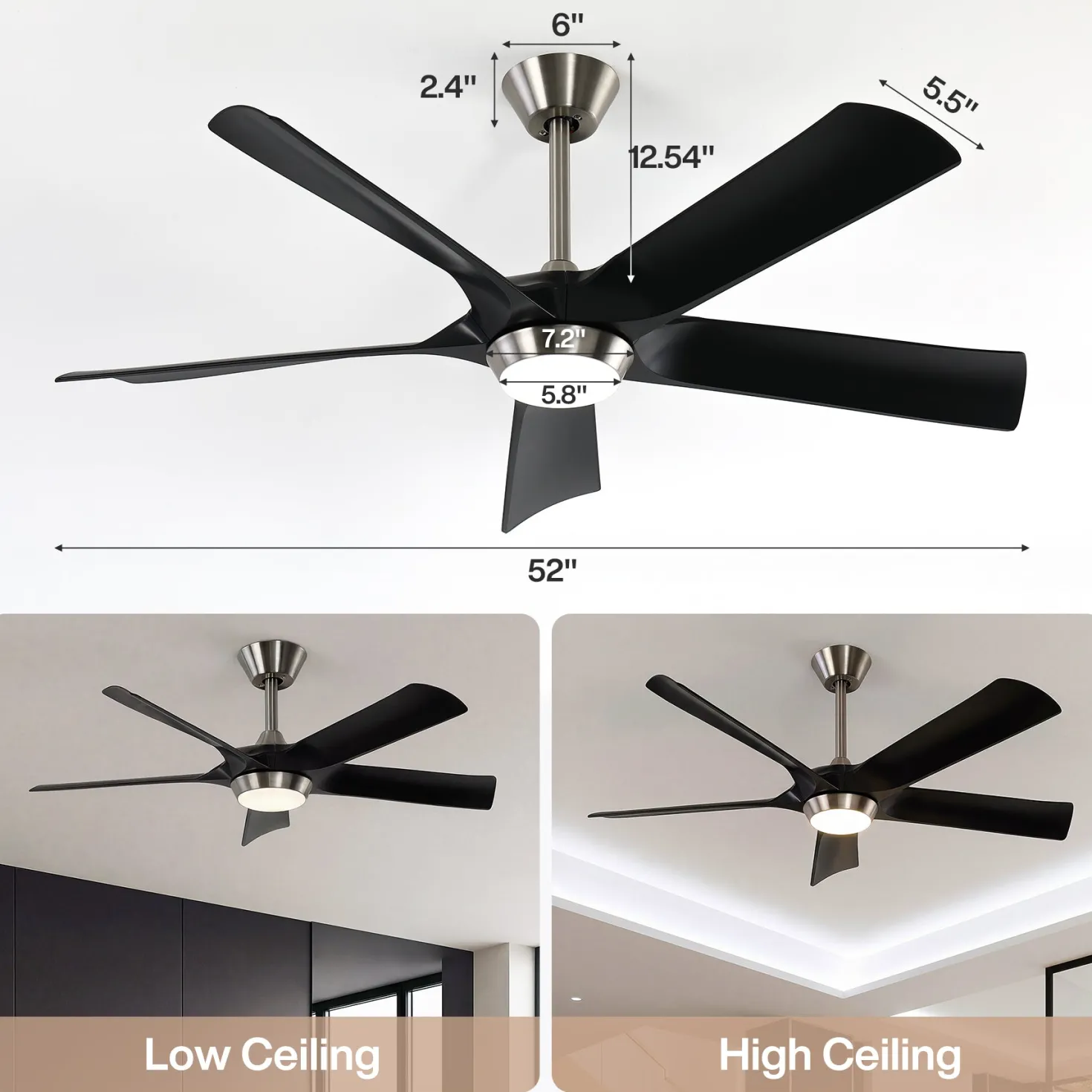 52" Ceiling Fan, Modern 5-Blade Dimmable LED Reversible Fan Light for Living Room