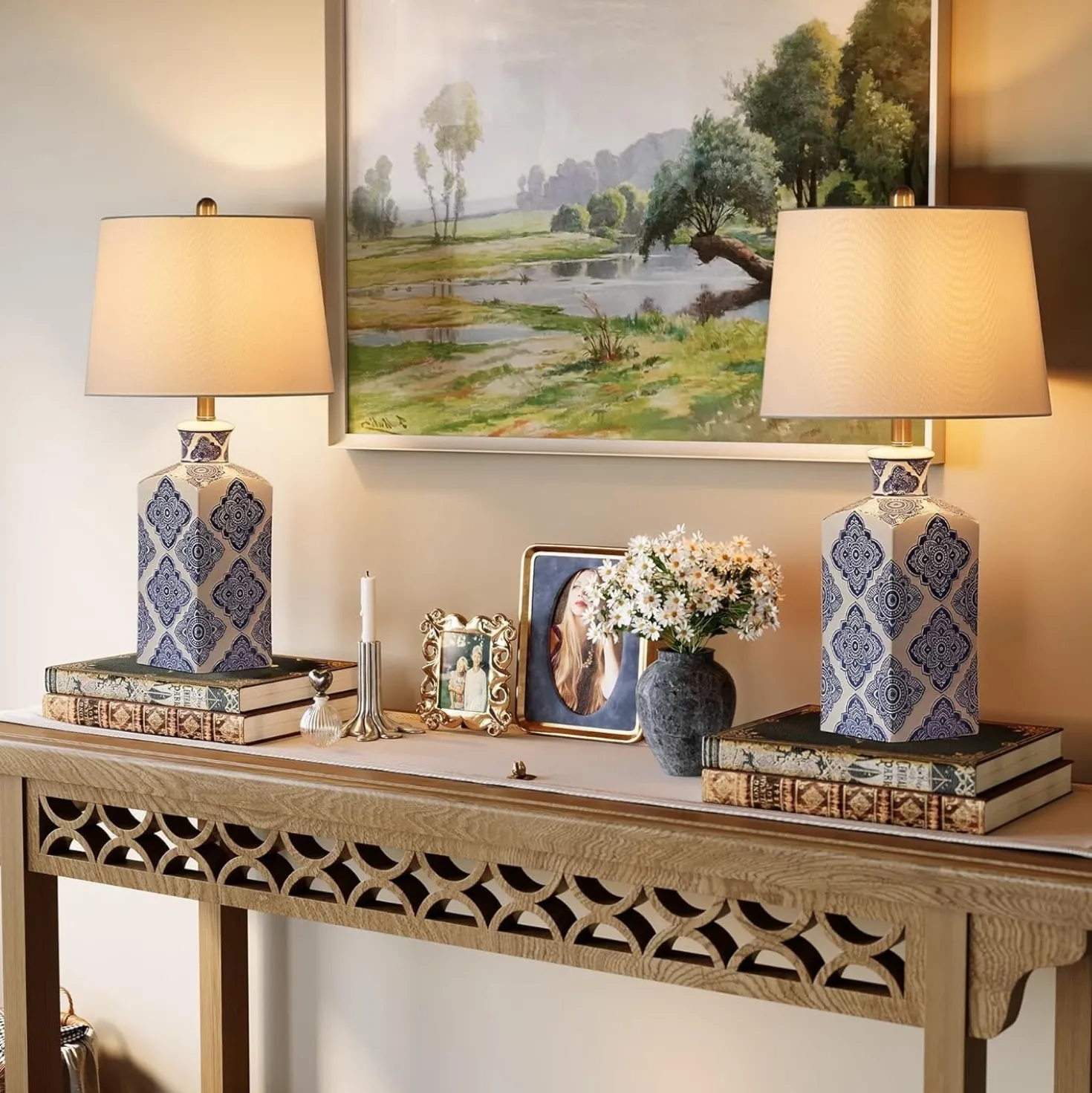 27" Chinoiserie Ceramic Table Lamp, Lighting Fixture with Ceramic Base