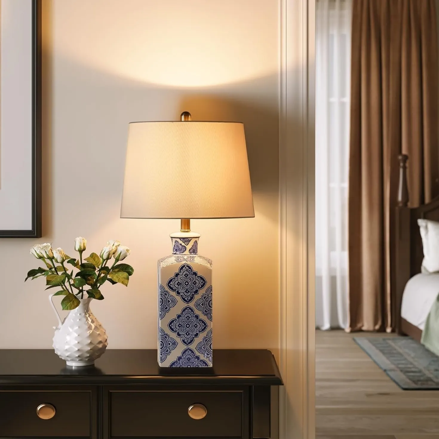 27" Chinoiserie Ceramic Table Lamp, Lighting Fixture with Ceramic Base