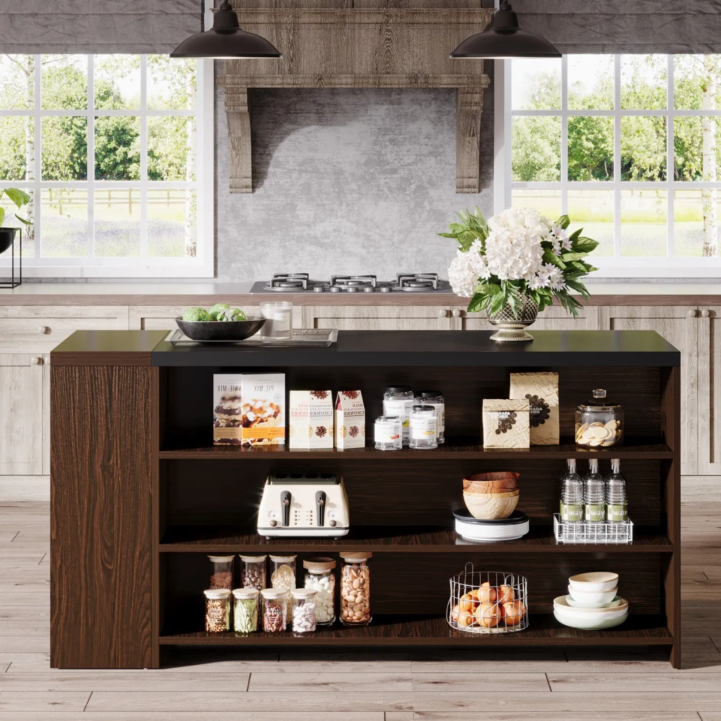 55" Coffee Bar Table, 5-Tier Kitchen Island Storage Cabinet