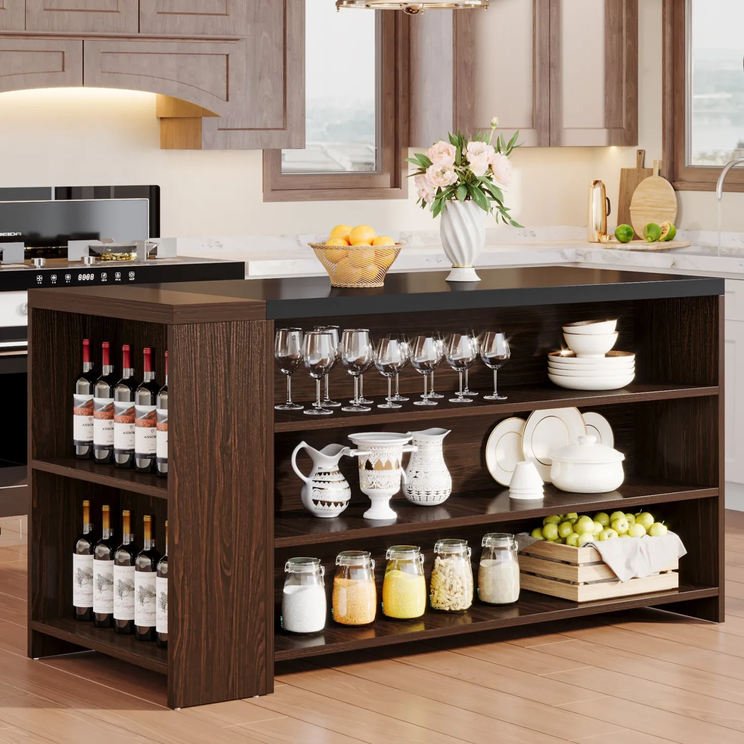 55" Coffee Bar Table, 5-Tier Kitchen Island Storage Cabinet