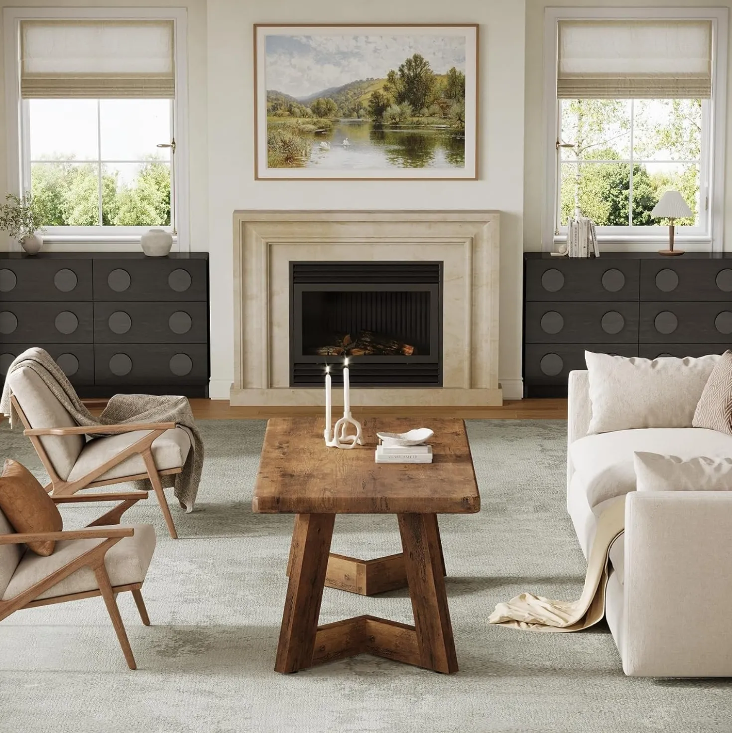 47.2" Coffee Table, Farmhouse Center Table with V-Shaped Legs