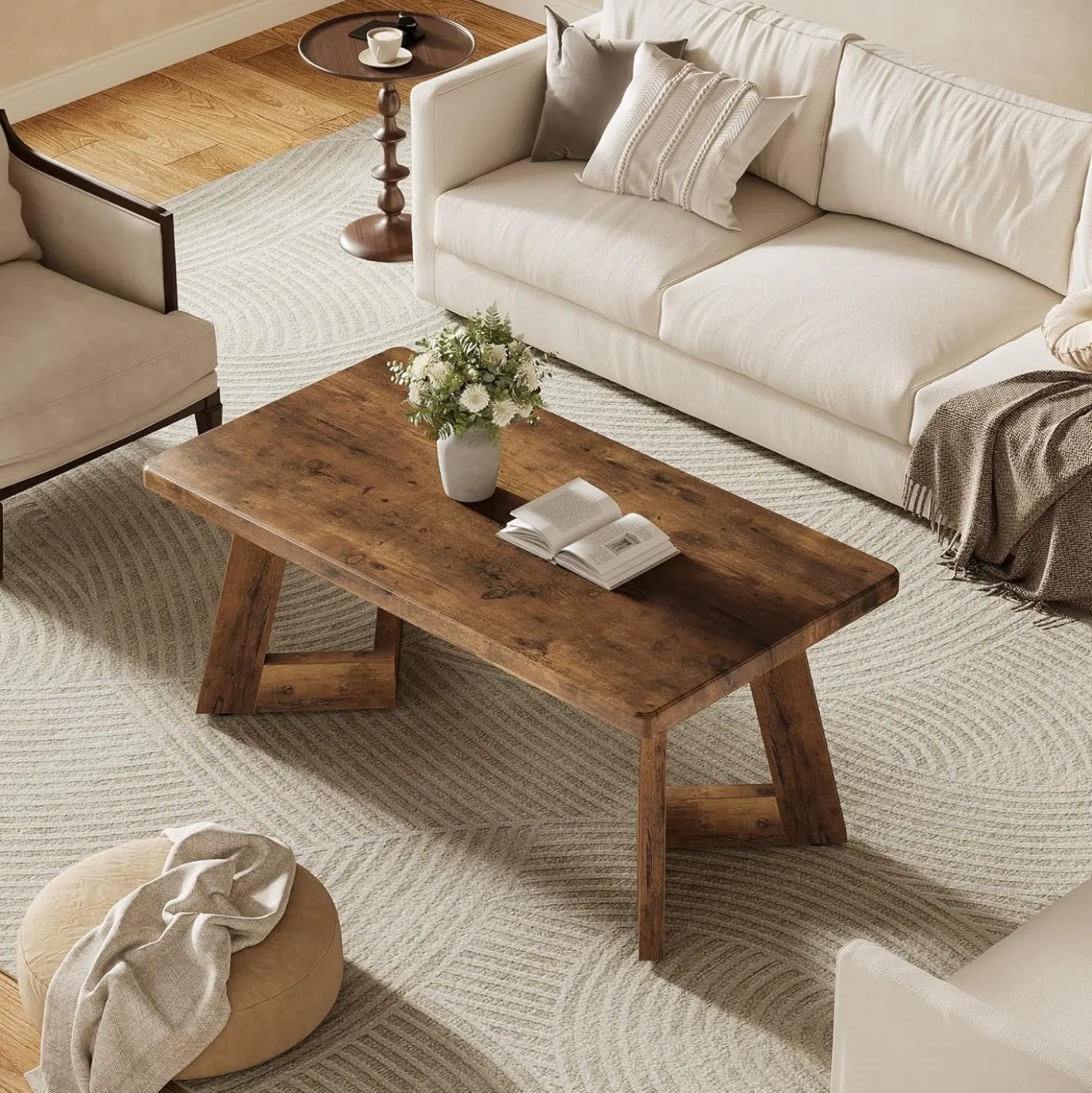 47.2" Coffee Table, Farmhouse Center Table with V-Shaped Legs