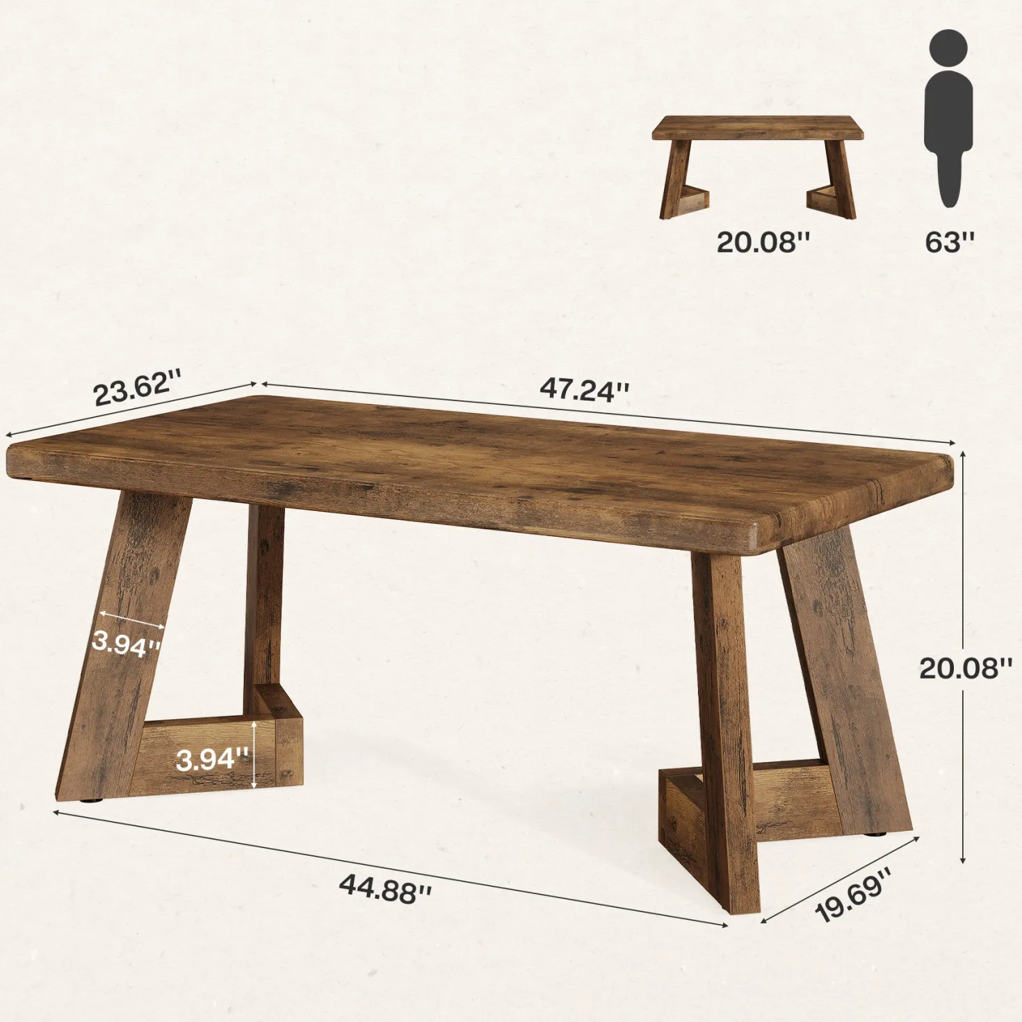 47.2" Coffee Table, Farmhouse Center Table with V-Shaped Legs