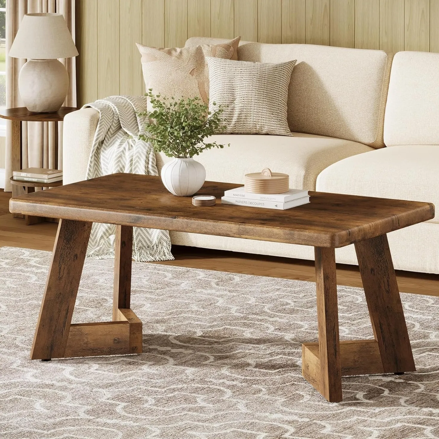 47.2" Coffee Table, Farmhouse Center Table with V-Shaped Legs