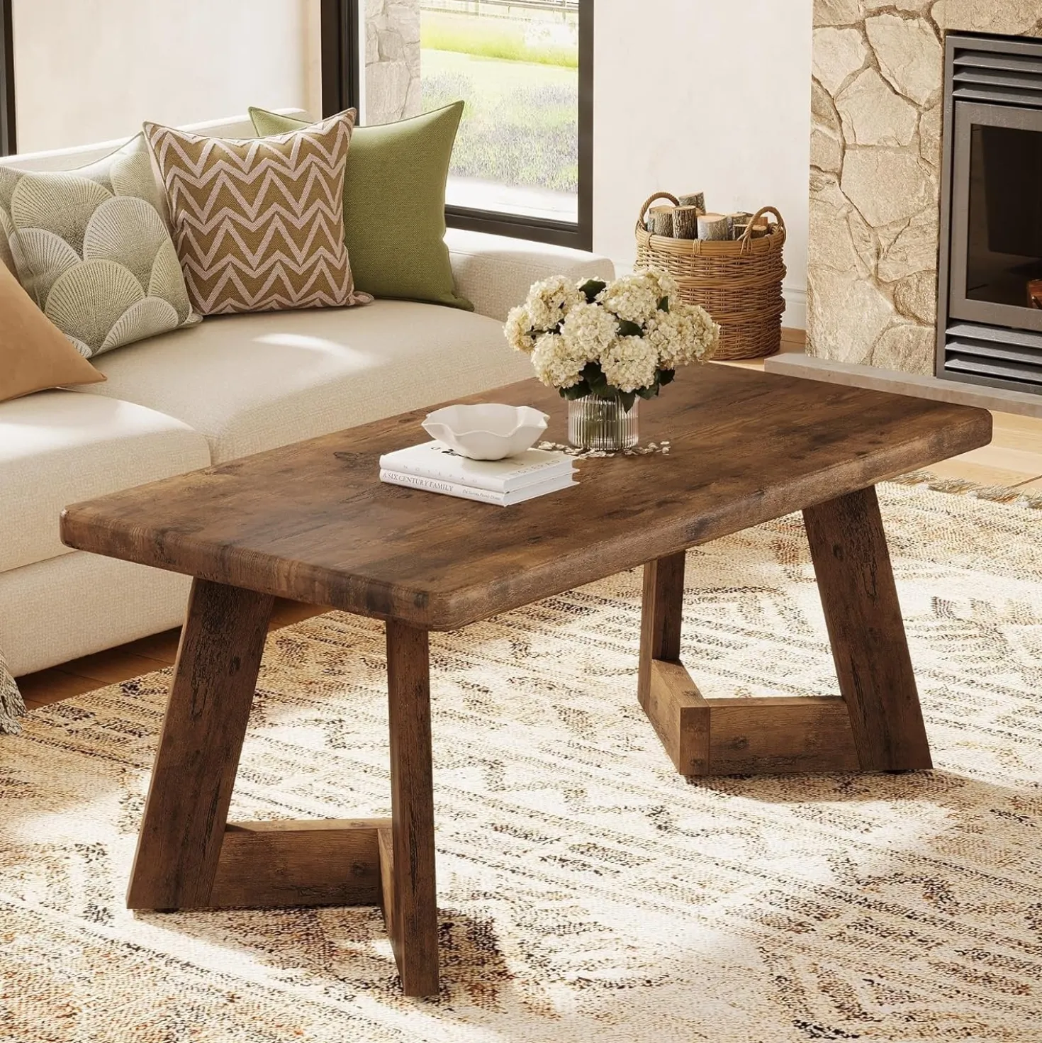47.2" Coffee Table, Farmhouse Center Table with V-Shaped Legs