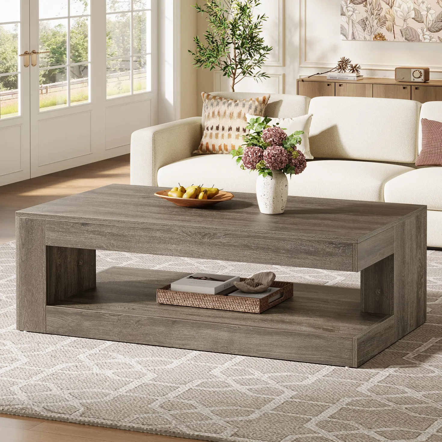 47.24" Coffee Table, Farmhouse 2-Tier Tea Cocktail Table with Storage