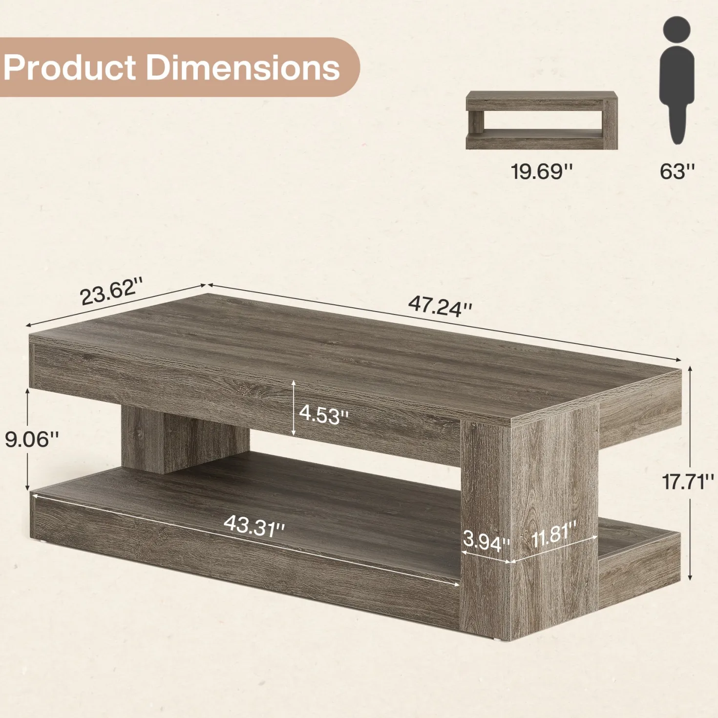 47.24" Coffee Table, Farmhouse 2-Tier Tea Cocktail Table with Storage