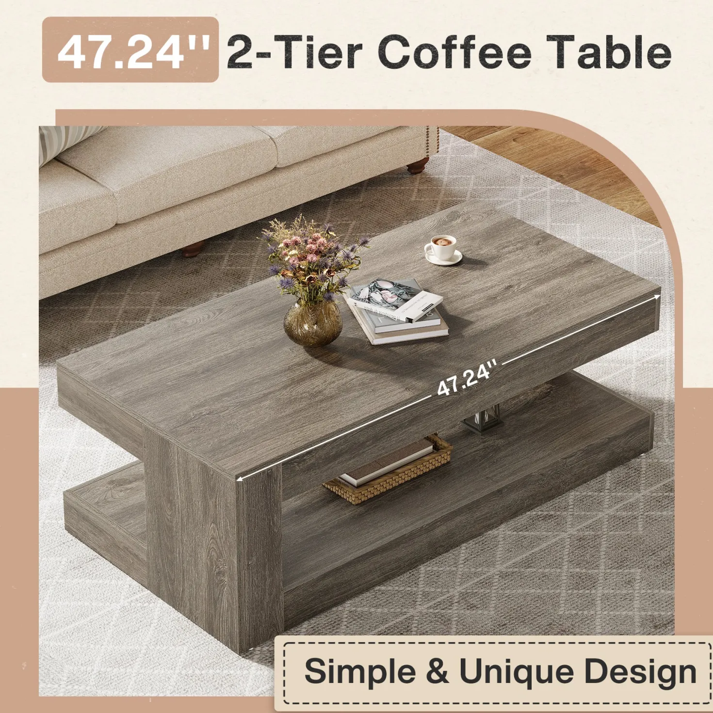 47.24" Coffee Table, Farmhouse 2-Tier Tea Cocktail Table with Storage