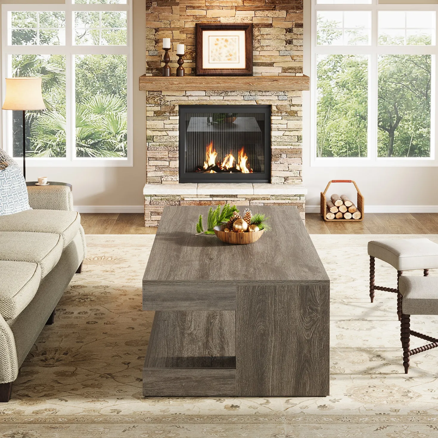 47.24" Coffee Table, Farmhouse 2-Tier Tea Cocktail Table with Storage