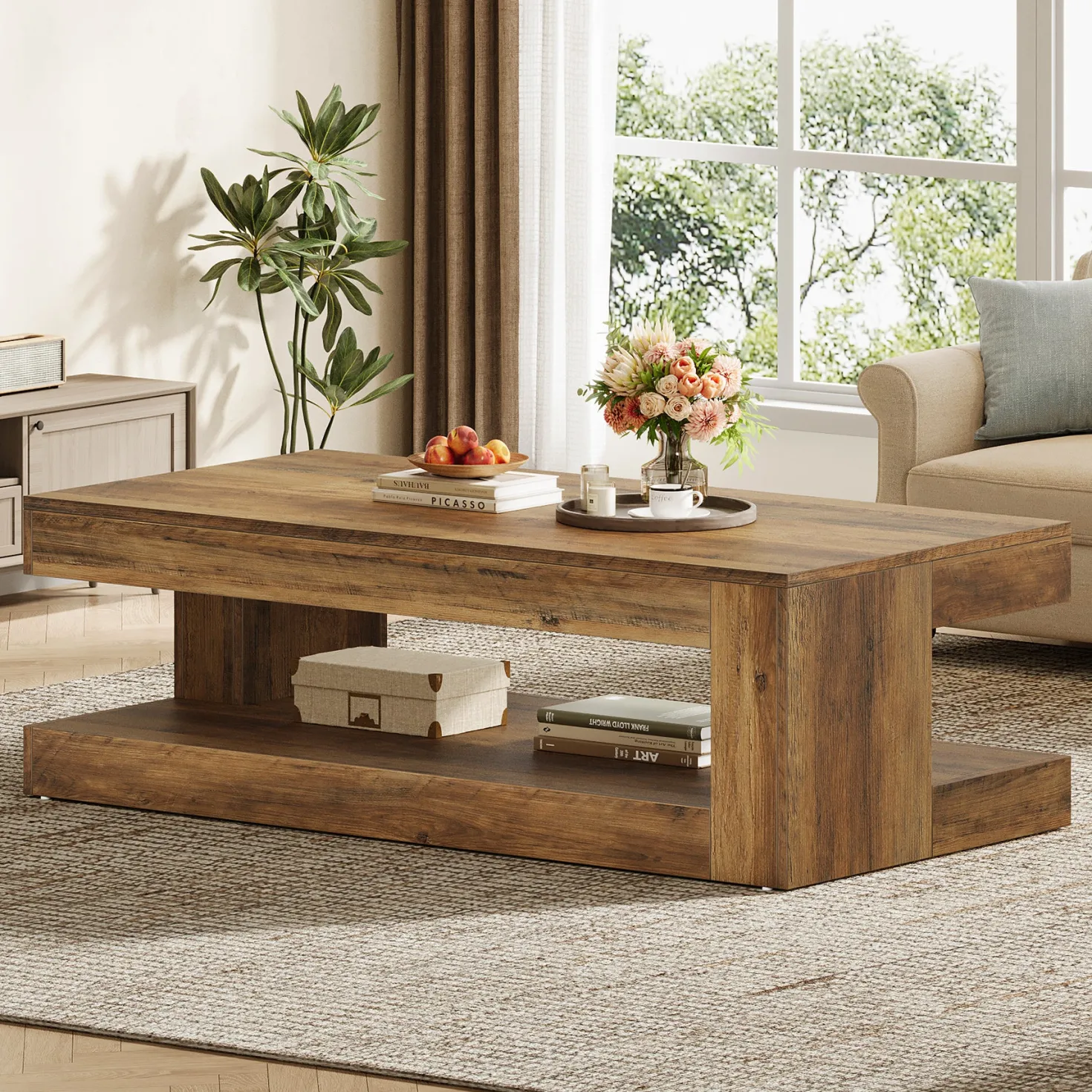 47.24" Coffee Table, Farmhouse 2-Tier Tea Cocktail Table with Storage