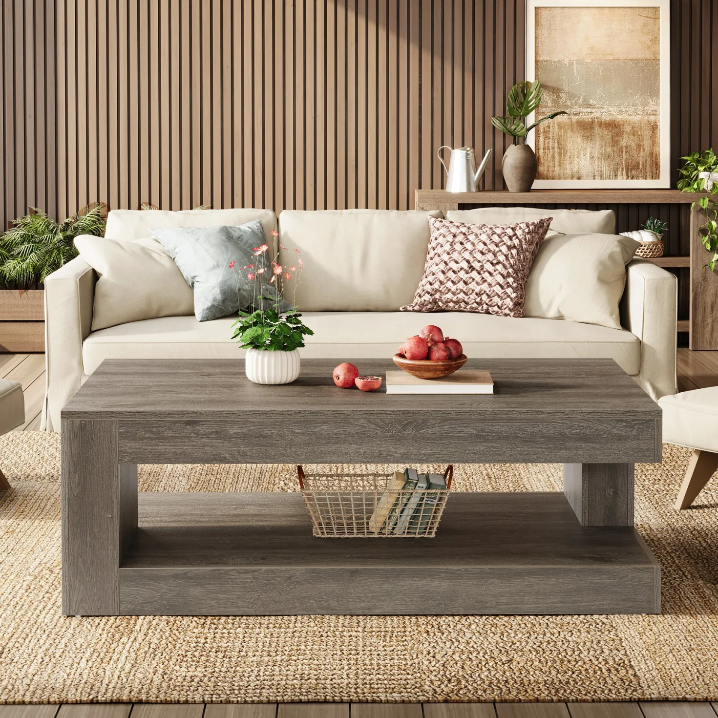 47.24" Coffee Table, Farmhouse 2-Tier Tea Cocktail Table with Storage