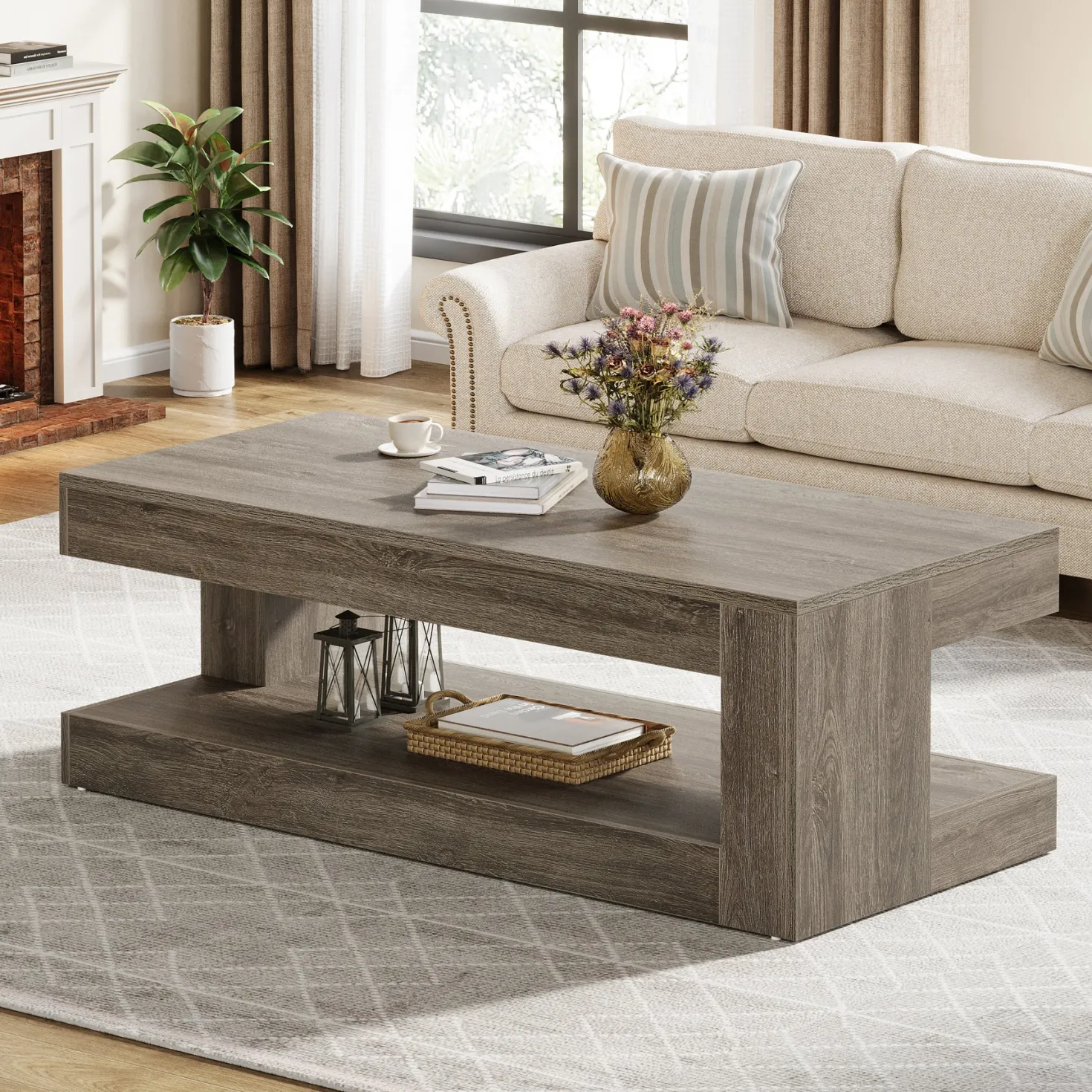 47.24" Coffee Table, Farmhouse 2-Tier Tea Cocktail Table with Storage