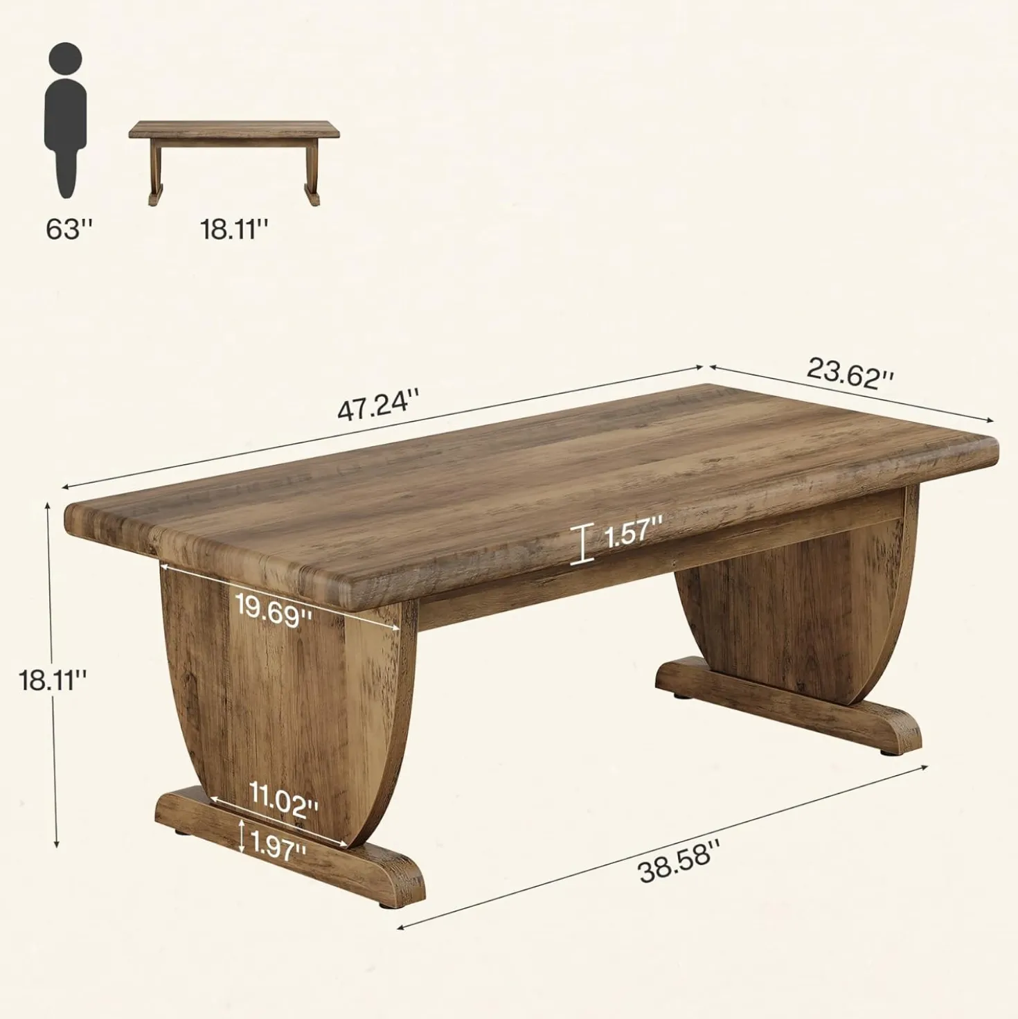47.2" Coffee Table, Rectangle Cocktail Tea Table with Sturdy Pedestal