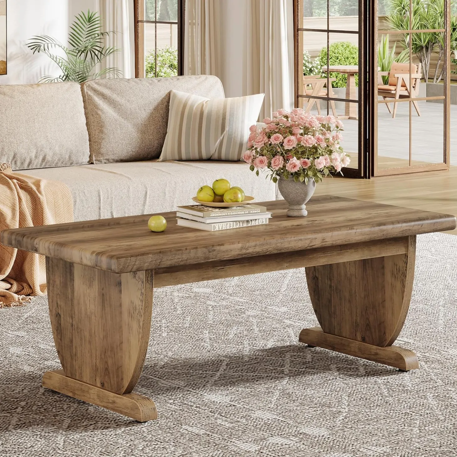 47.2" Coffee Table, Rectangle Cocktail Tea Table with Sturdy Pedestal