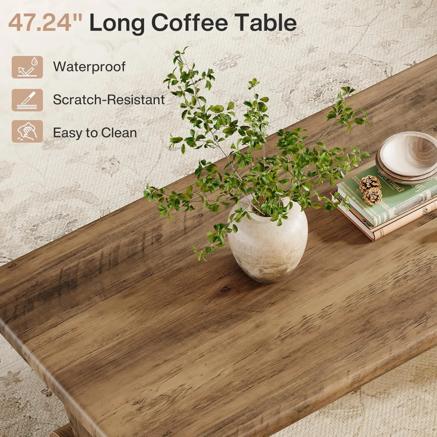 47.2" Coffee Table, Rectangle Cocktail Tea Table with Sturdy Pedestal