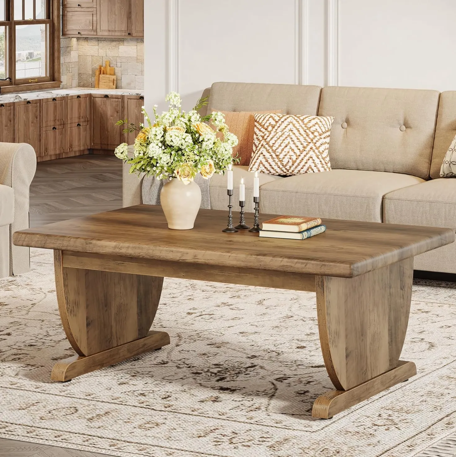 47.2" Coffee Table, Rectangle Cocktail Tea Table with Sturdy Pedestal