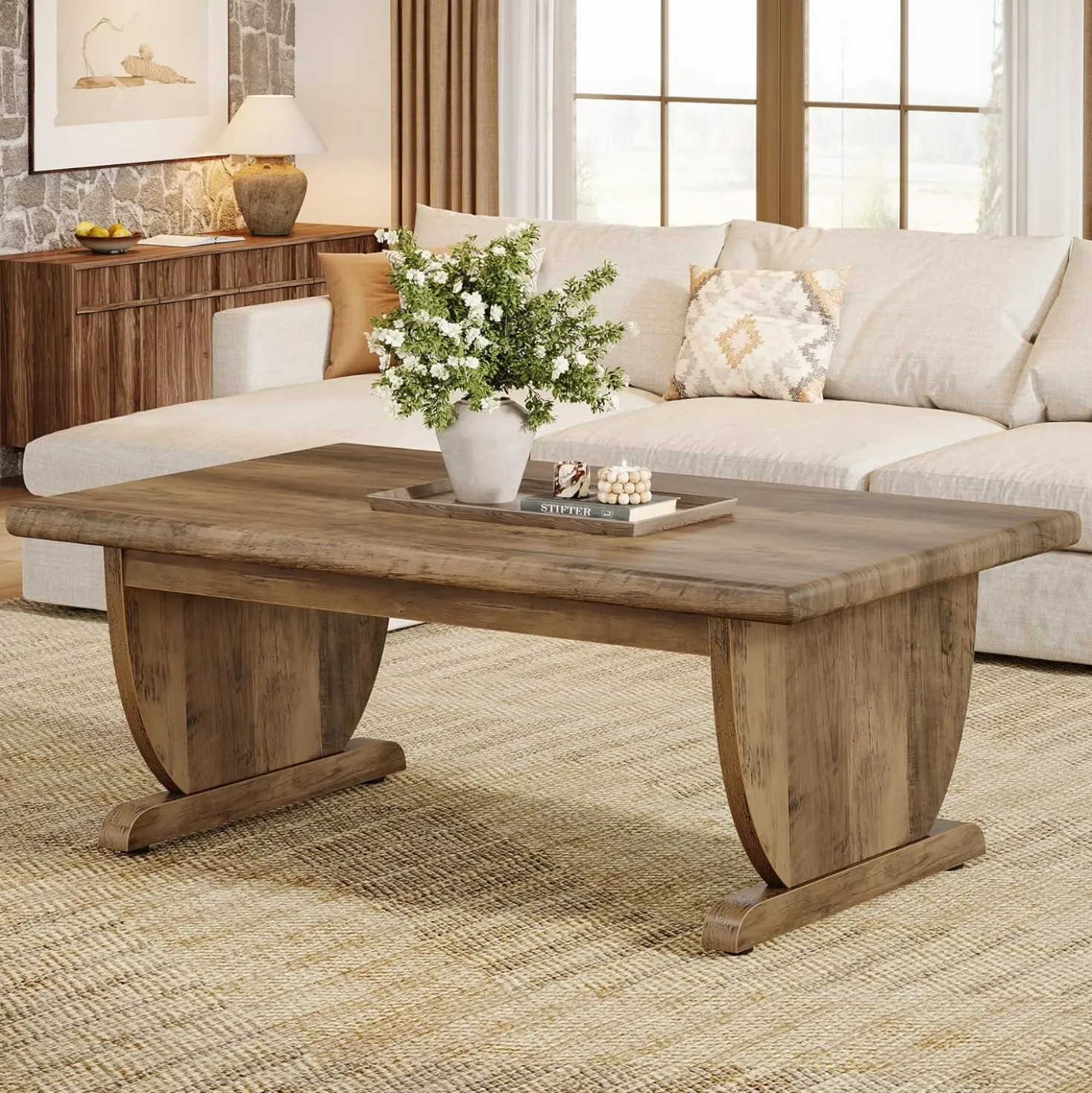 47.2" Coffee Table, Rectangle Cocktail Tea Table with Sturdy Pedestal