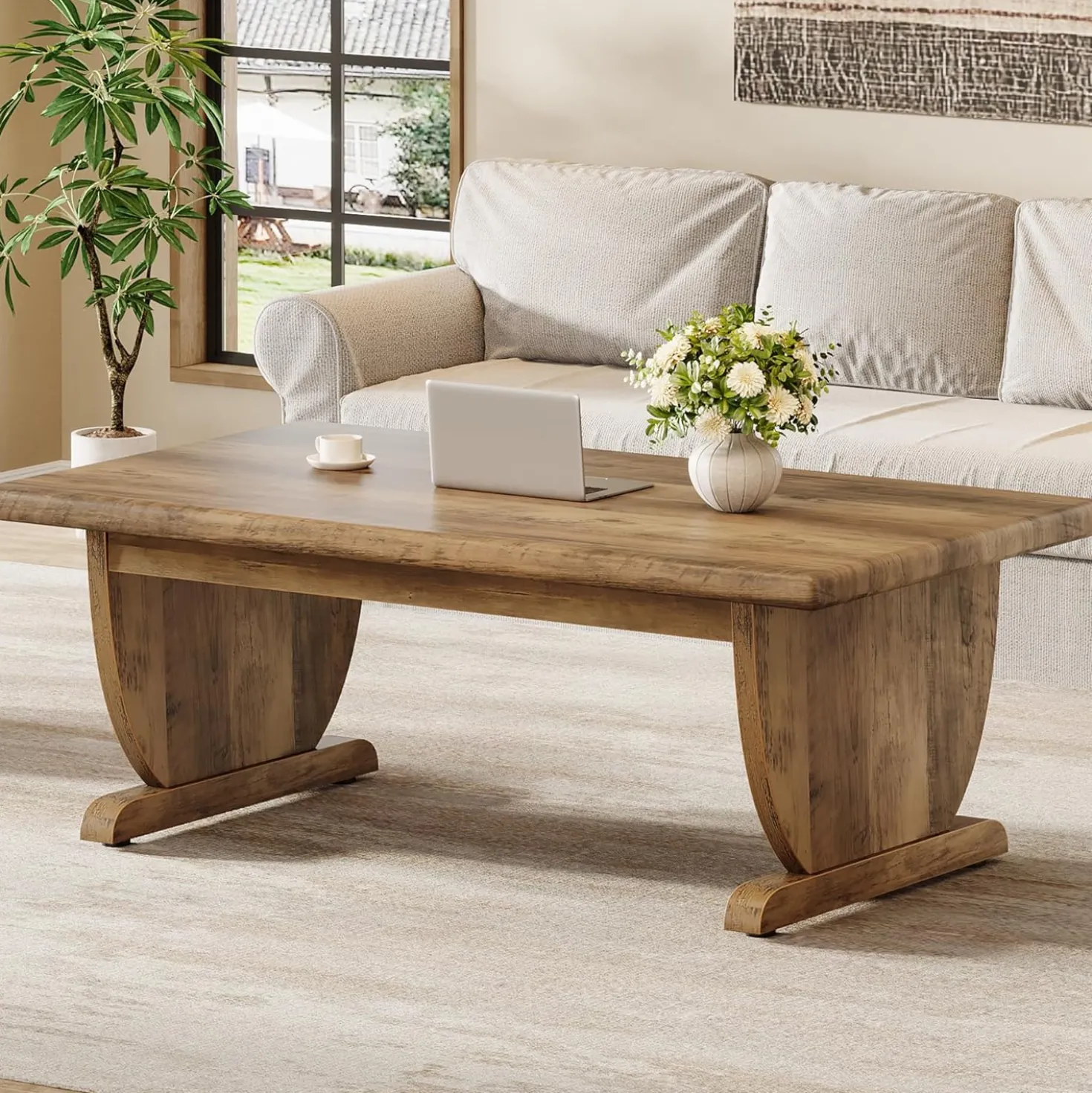 47.2" Coffee Table, Rectangle Cocktail Tea Table with Sturdy Pedestal