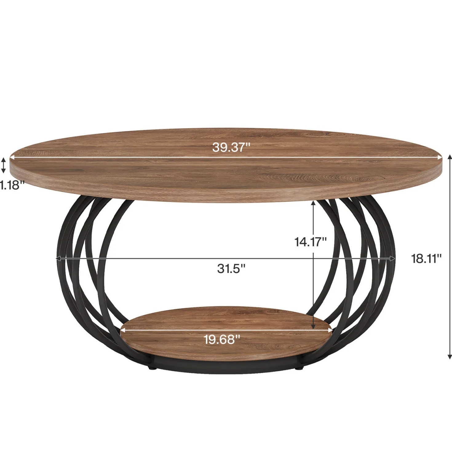 39.4" Coffee Table, Round 2-Tier Accent Center Cocktail Table with Storage Shelf