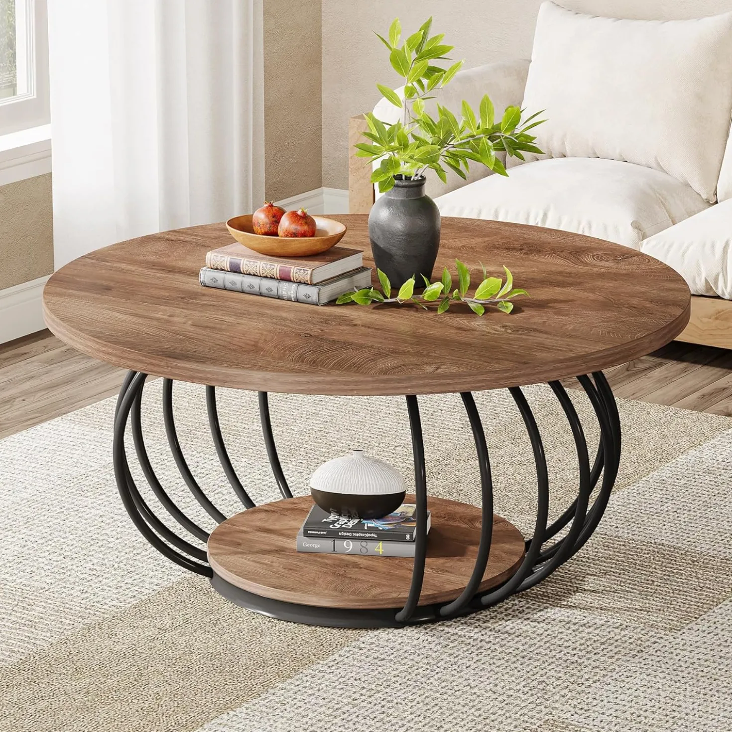 39.4" Coffee Table, Round 2-Tier Accent Center Cocktail Table with Storage Shelf
