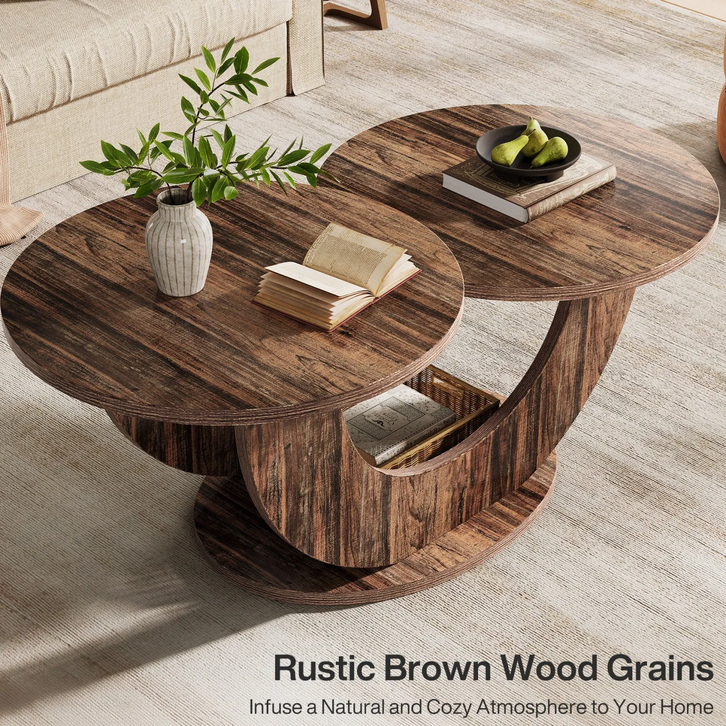 45" Coffee Table, 2-Tier Accent Center Cocktail Table with U-Shaped Frame
