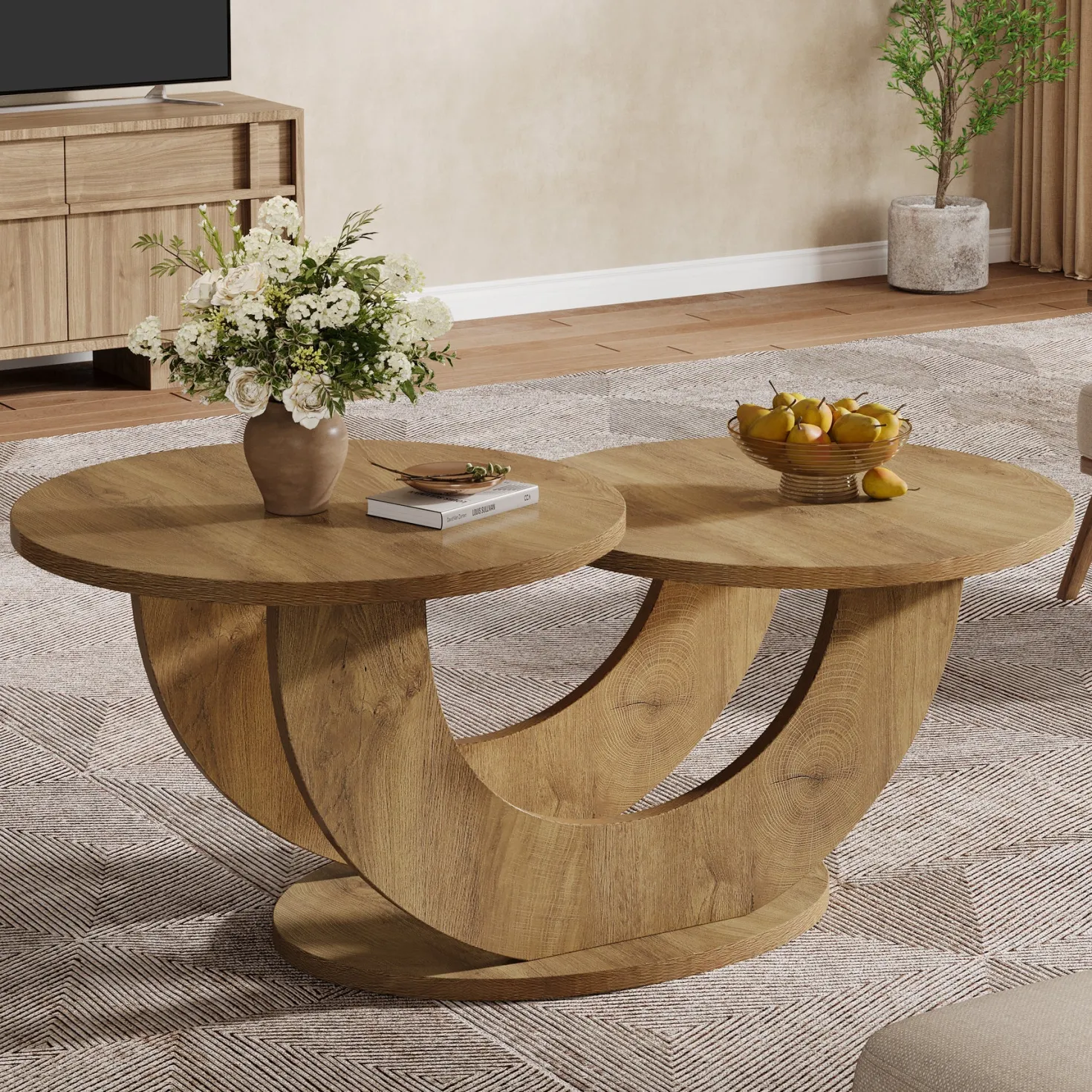 45" Coffee Table, 2-Tier Accent Center Cocktail Table with U-Shaped Frame