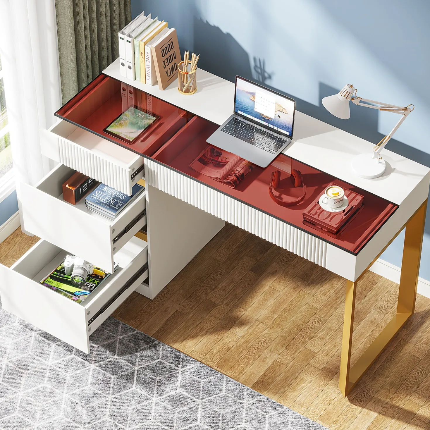 47.24" Computer Desk, 4-Drawer Writing Desk with Glass Top