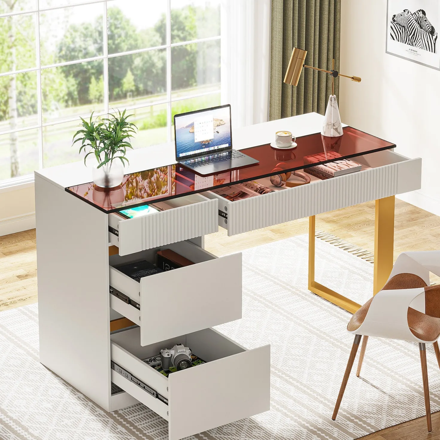 47.24" Computer Desk, 4-Drawer Writing Desk with Glass Top